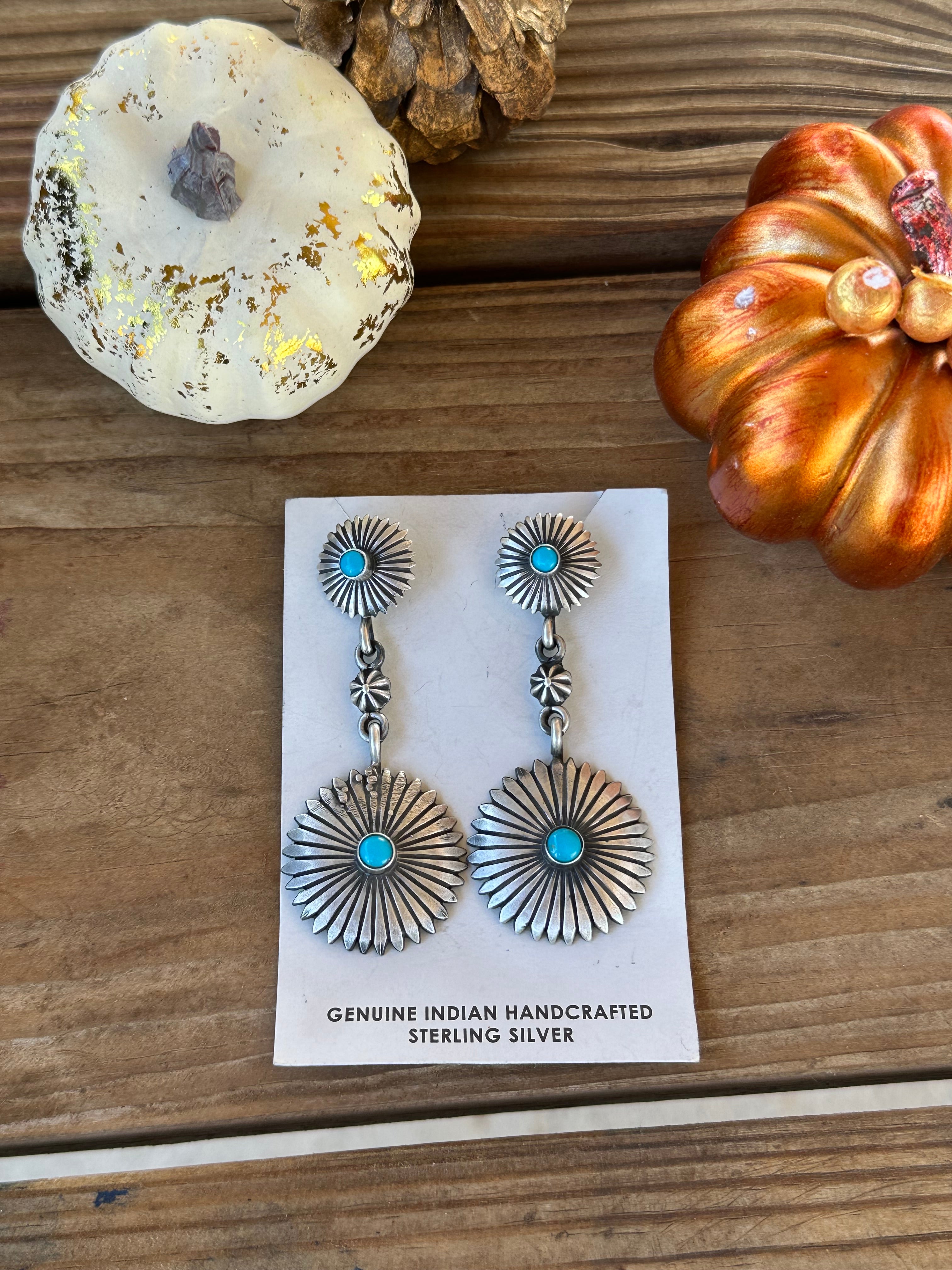 Navajo Made Kingman Turquoise & Sterling Silver Dangle Concho Earrings