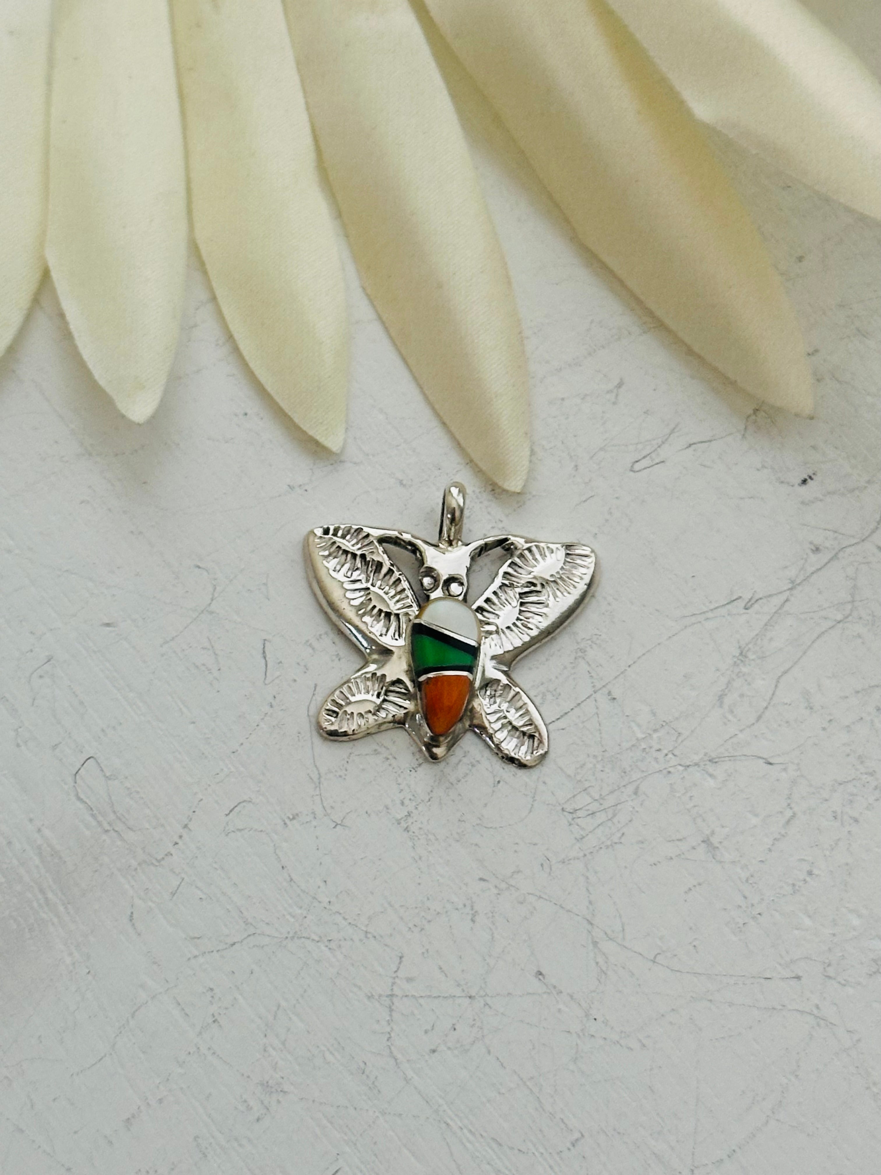 Joseph Martinez Multi Stone & Sterling Silver Inlay Dragonfly Pendant