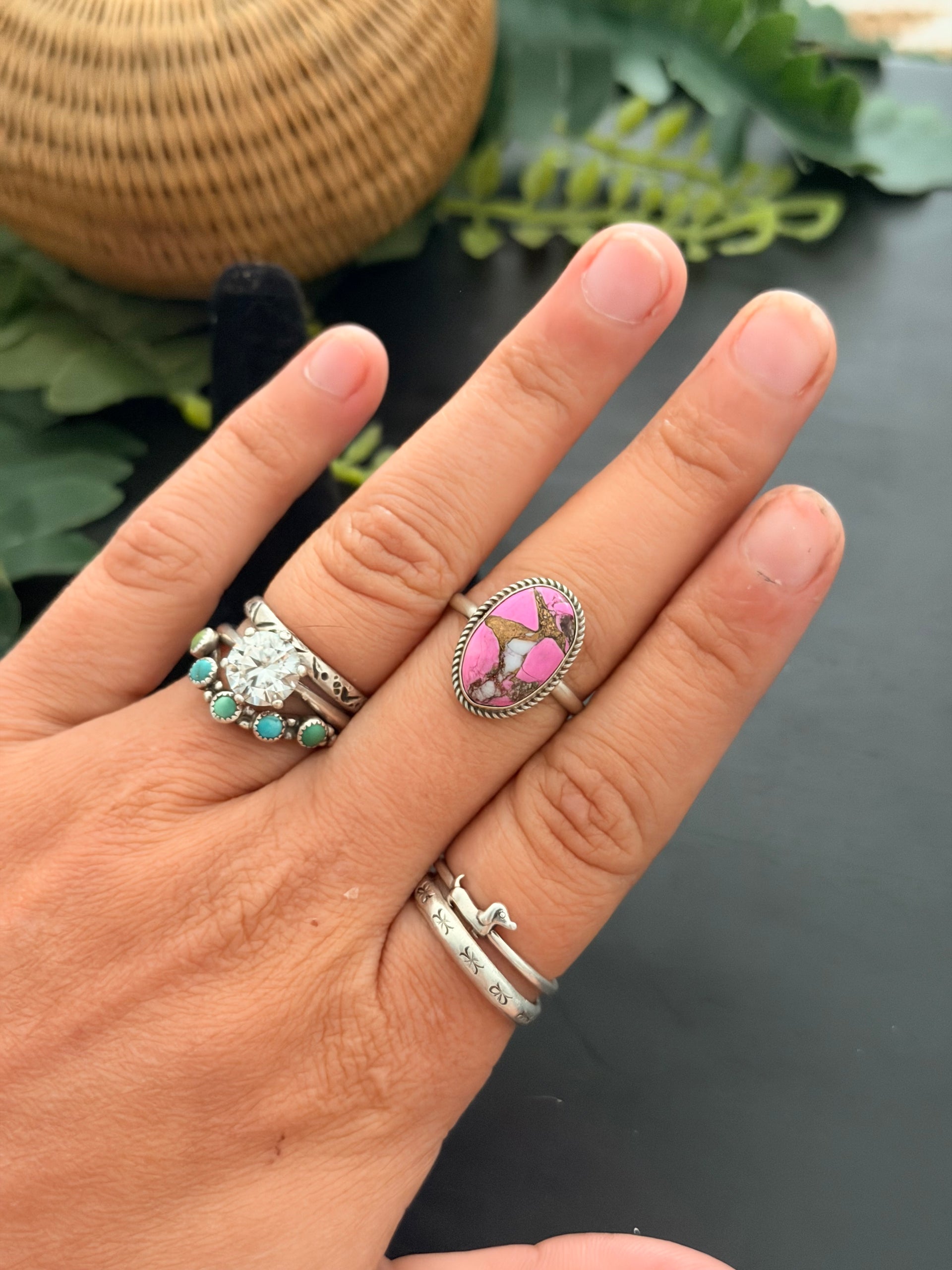 Navajo Made Cotton Candy Dahlia & Sterling Silver Ring Size 8