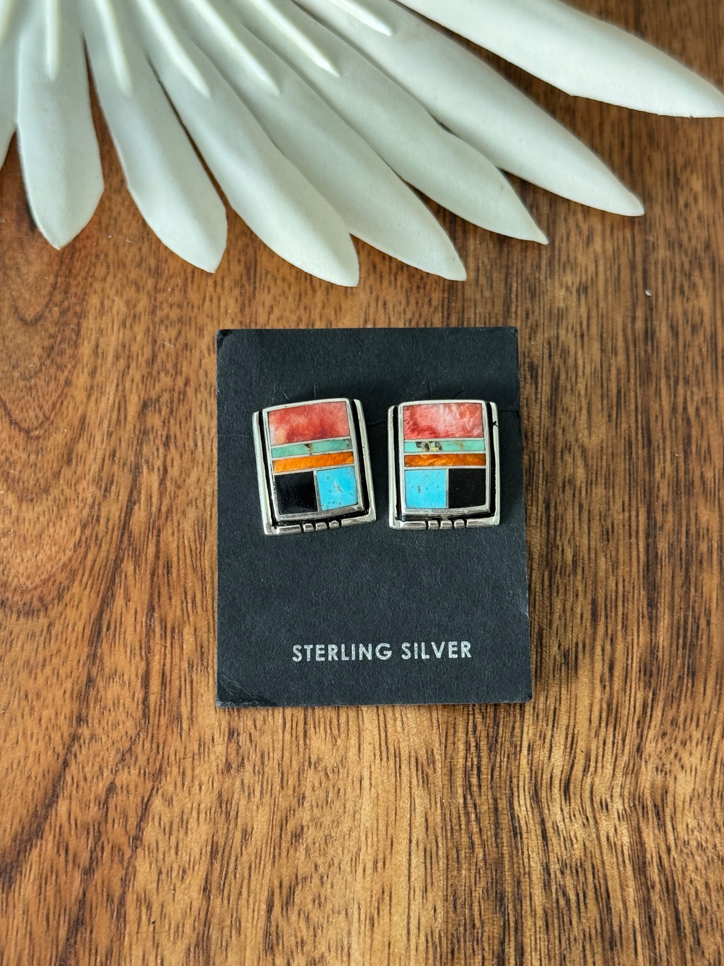 Navajo Made Multi Stone & Sterling Silver Inlay Post Earrings