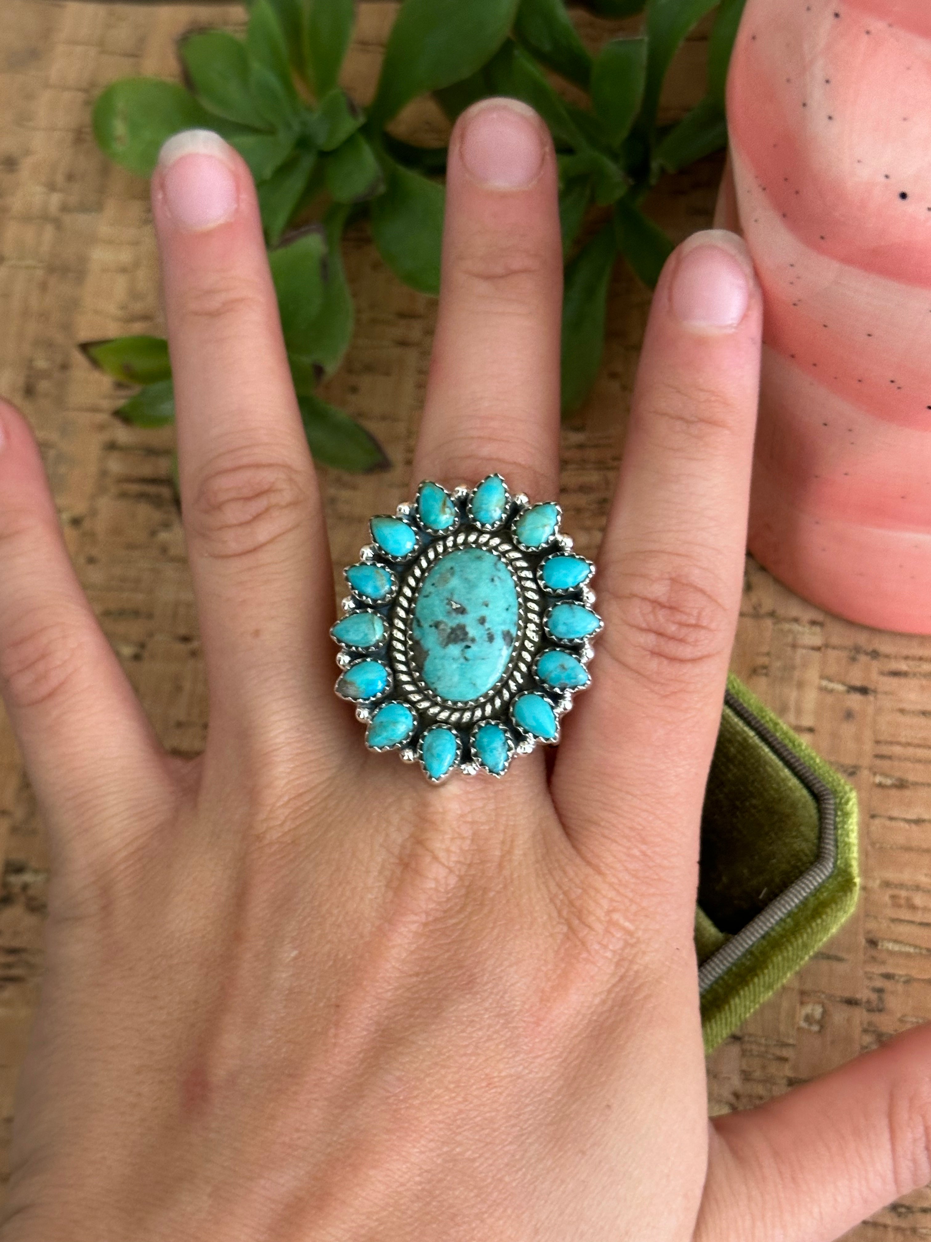 Southwest Handmade Kingman Turquoise & Sterling Silver Adjustable Cluster Ring