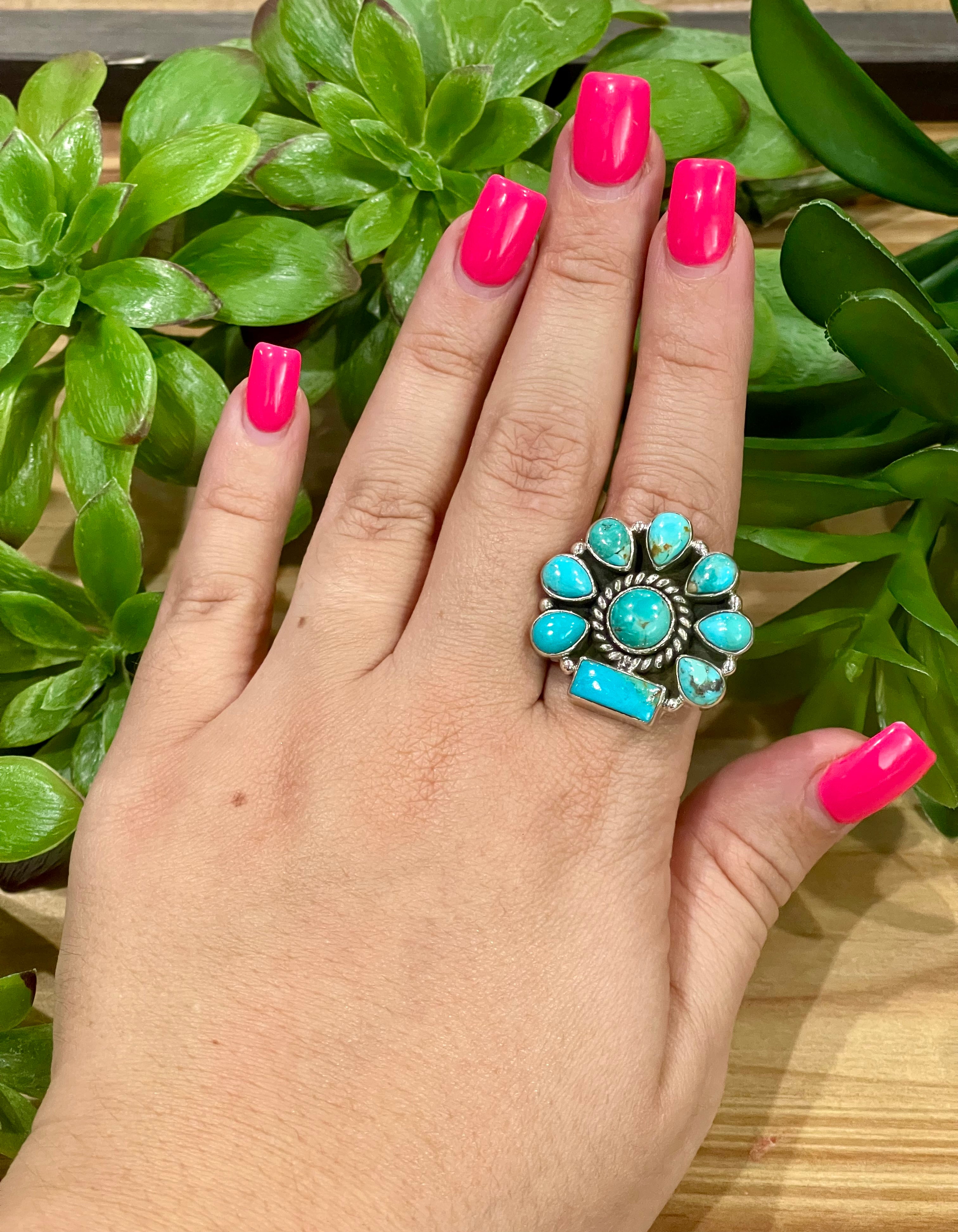 Southwest Handmade Kingman Turquoise & Sterling Silver Adjustable Flower Ring