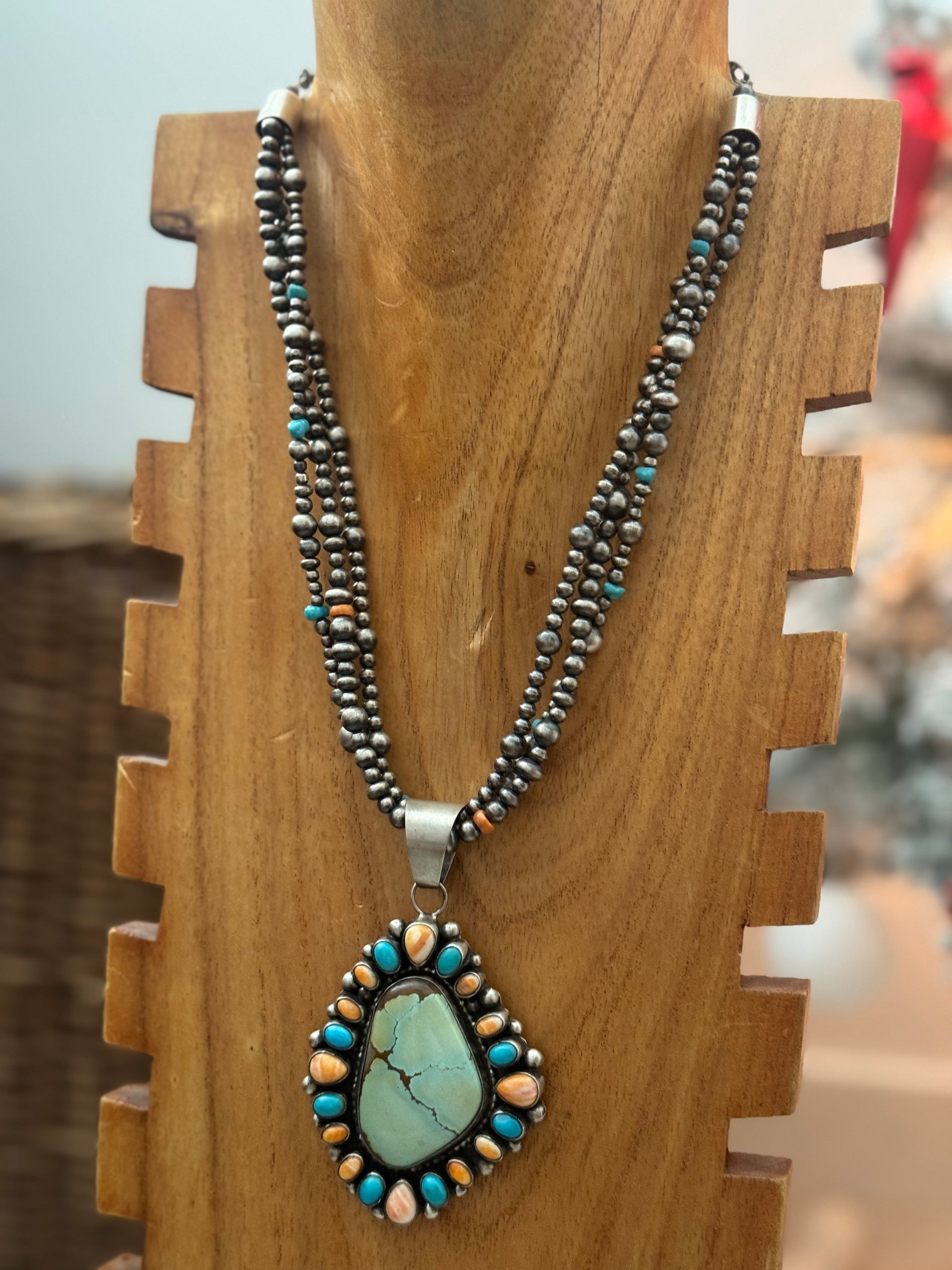 Navajo Made Multi Stone & Sterling Silver Pearl Cluster Necklace