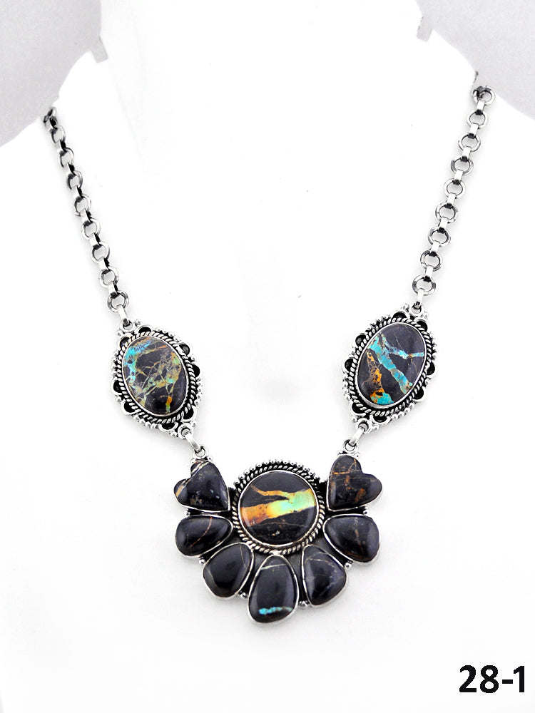 Southwest Handmade Black Jack Turquoise & Sterling Silver Necklace