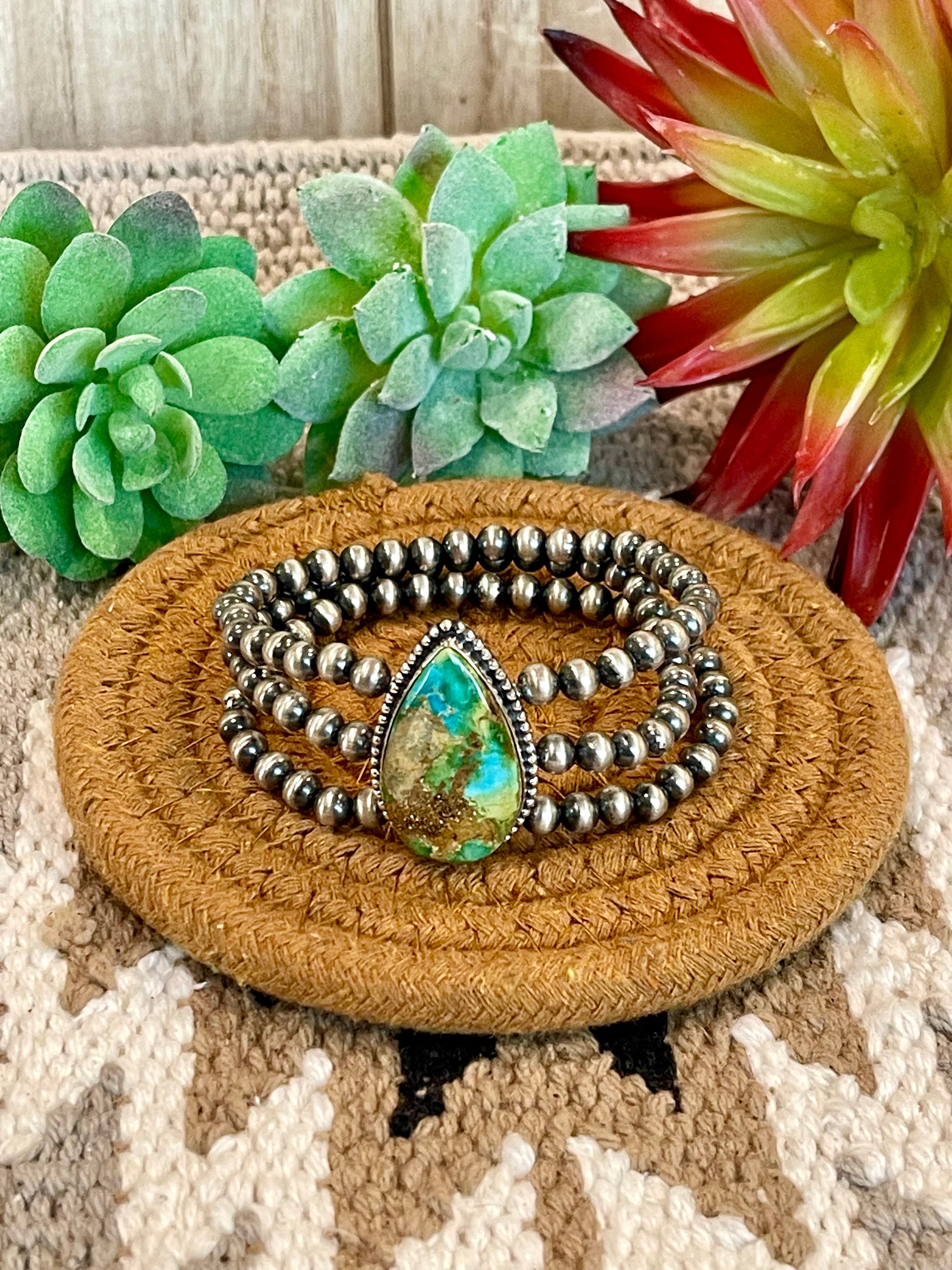 Southwest Handmade Sonoran Mountain Turquoise & Sterling Silver 3 Strand Beaded Stretch Bracelet