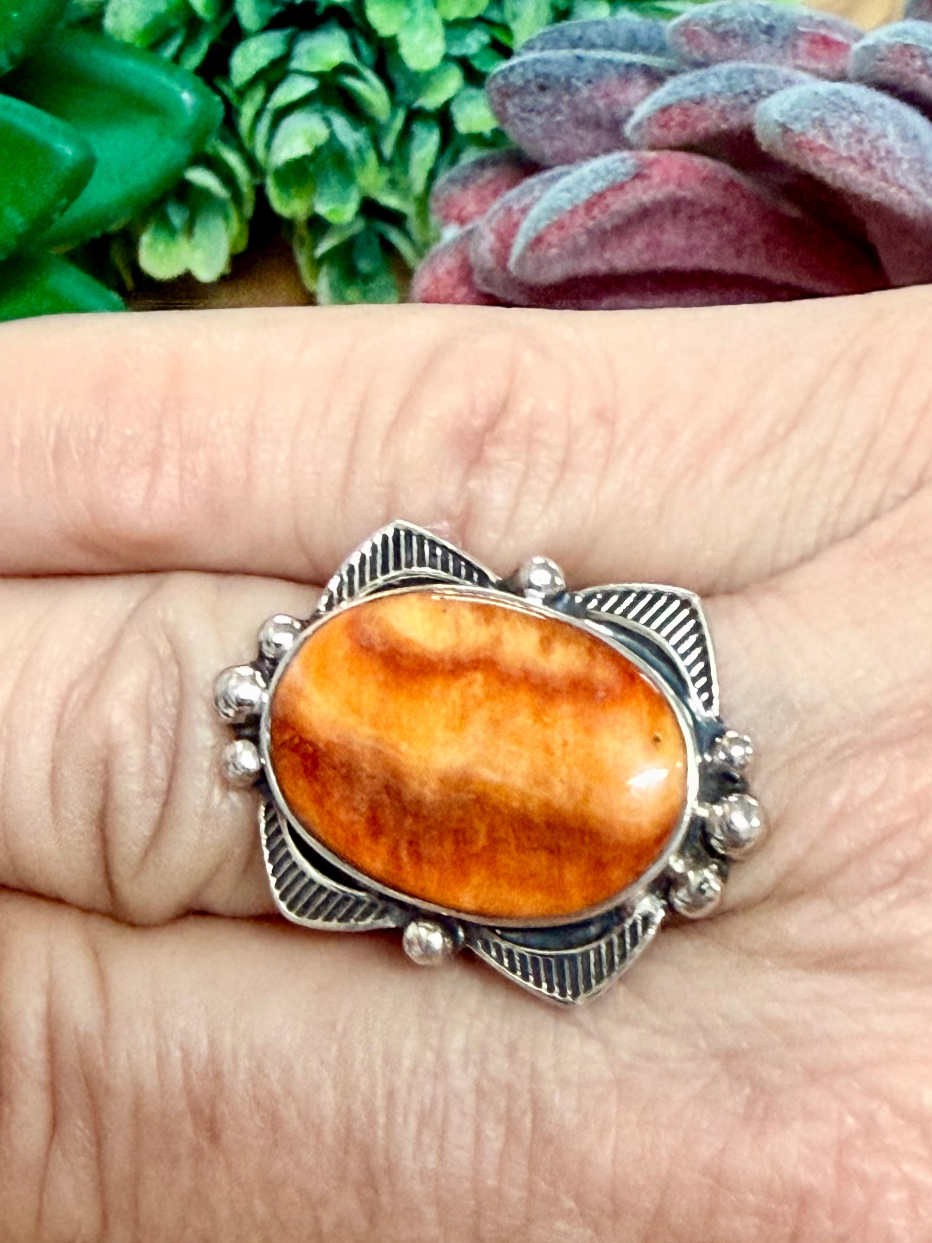 Southwest Handmade Spiny Oyster & Sterling Silver Ring Size 9