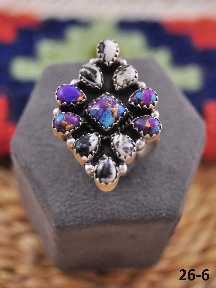 Southwest Made Multi Stone & Sterling Sliver Cluster Adjustable Ring