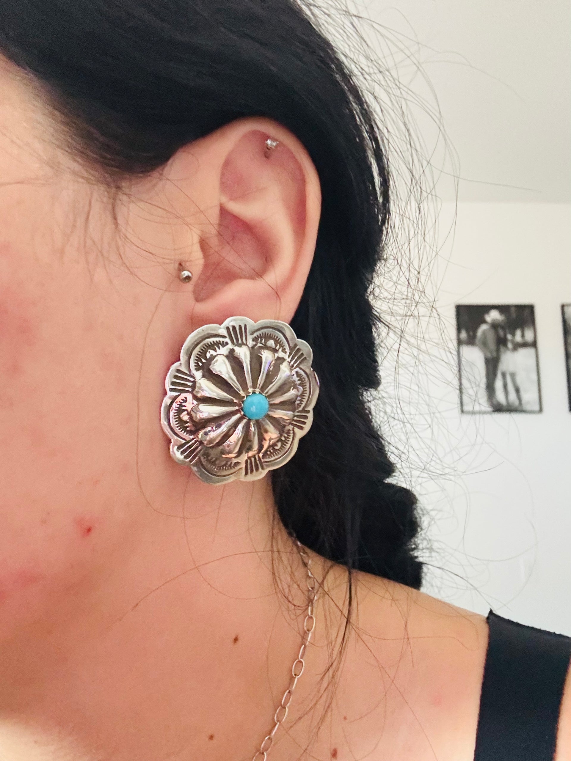 Genevieve Blackgoat Kingman Turquoise & Sterling Silver Post Concho Earrings