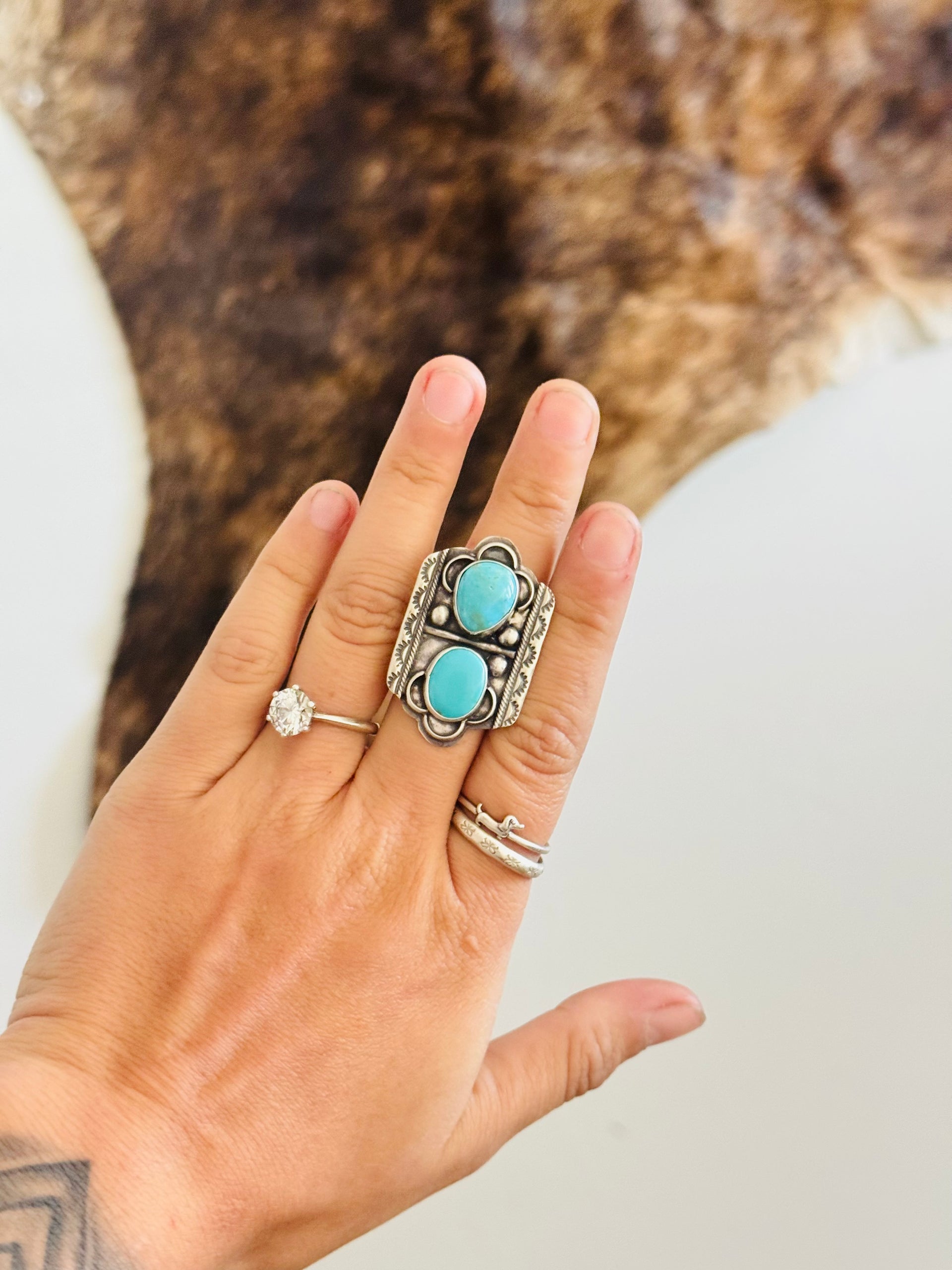 Danny Henio Kingman Turquoise & Sterling Silver Ring Size 8.5