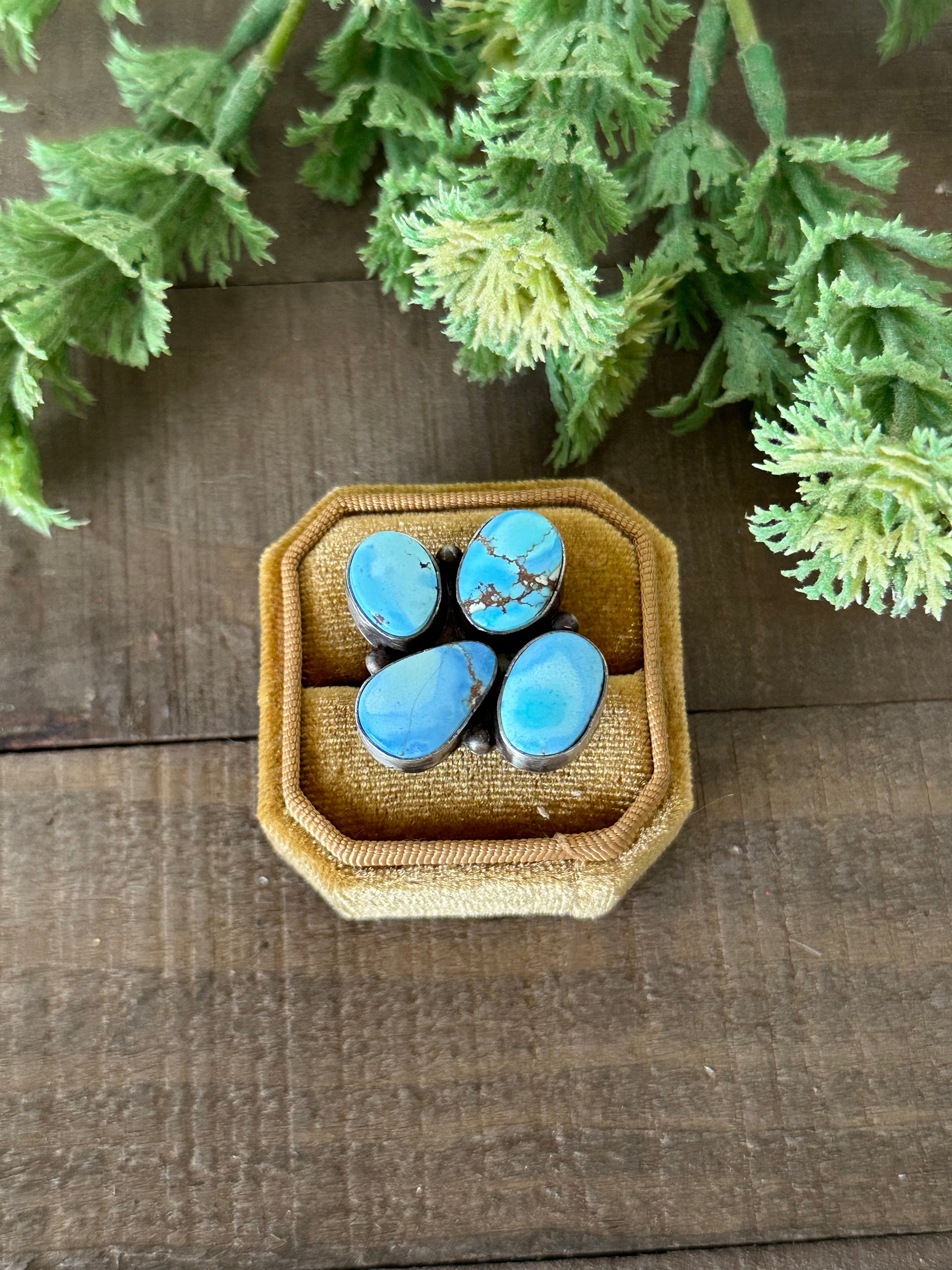 Navajo Made Golden Hills Turquoise & Sterling Silver Cluster Ring Size 5.75