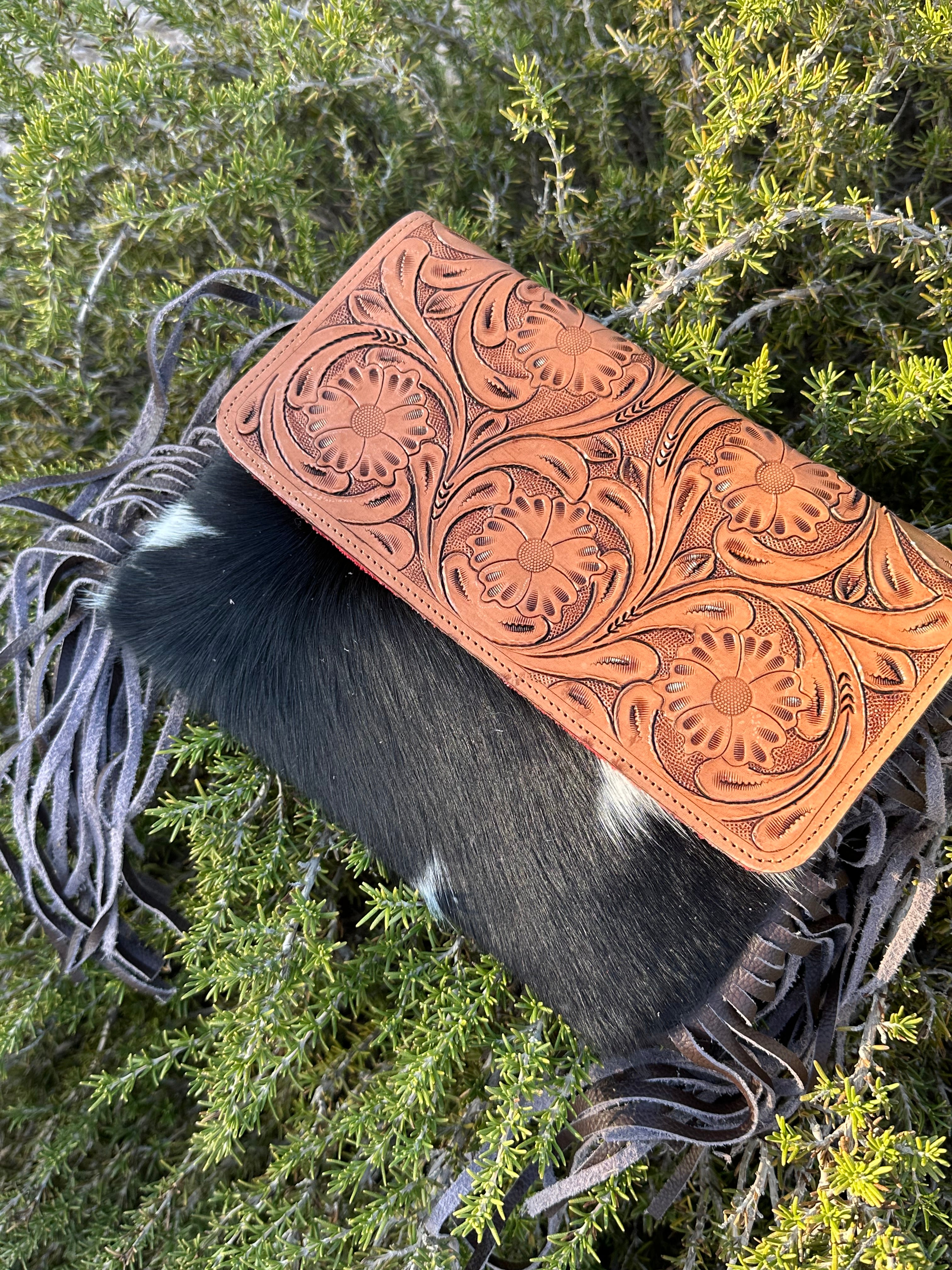 Genuine Tooled Leather & Cowhide Fringe Purse