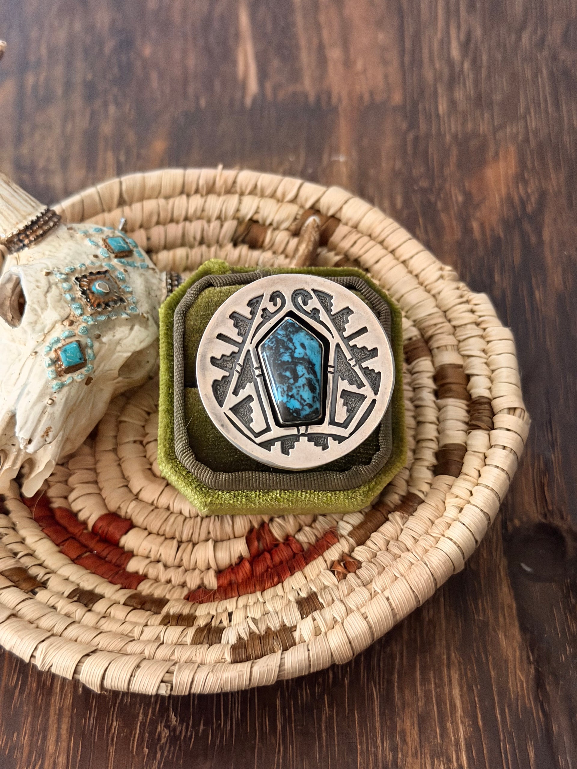 Navajo Made Kingman Turquoise & Sterling Silver Ring Size 7.5
