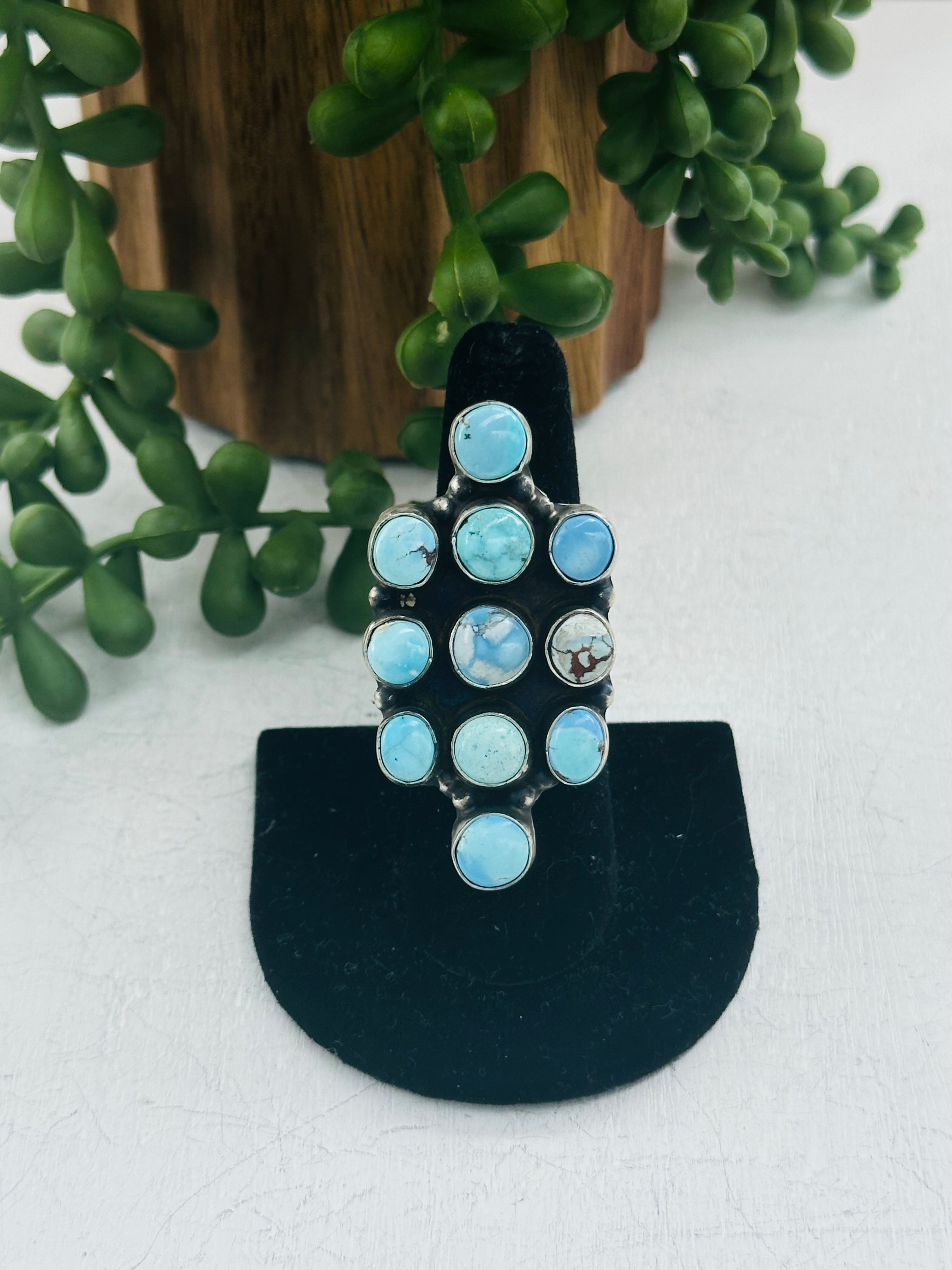 Linda Lincoln Golden Hills Turquoise & Sterling Silver Cluster Ring Size 7