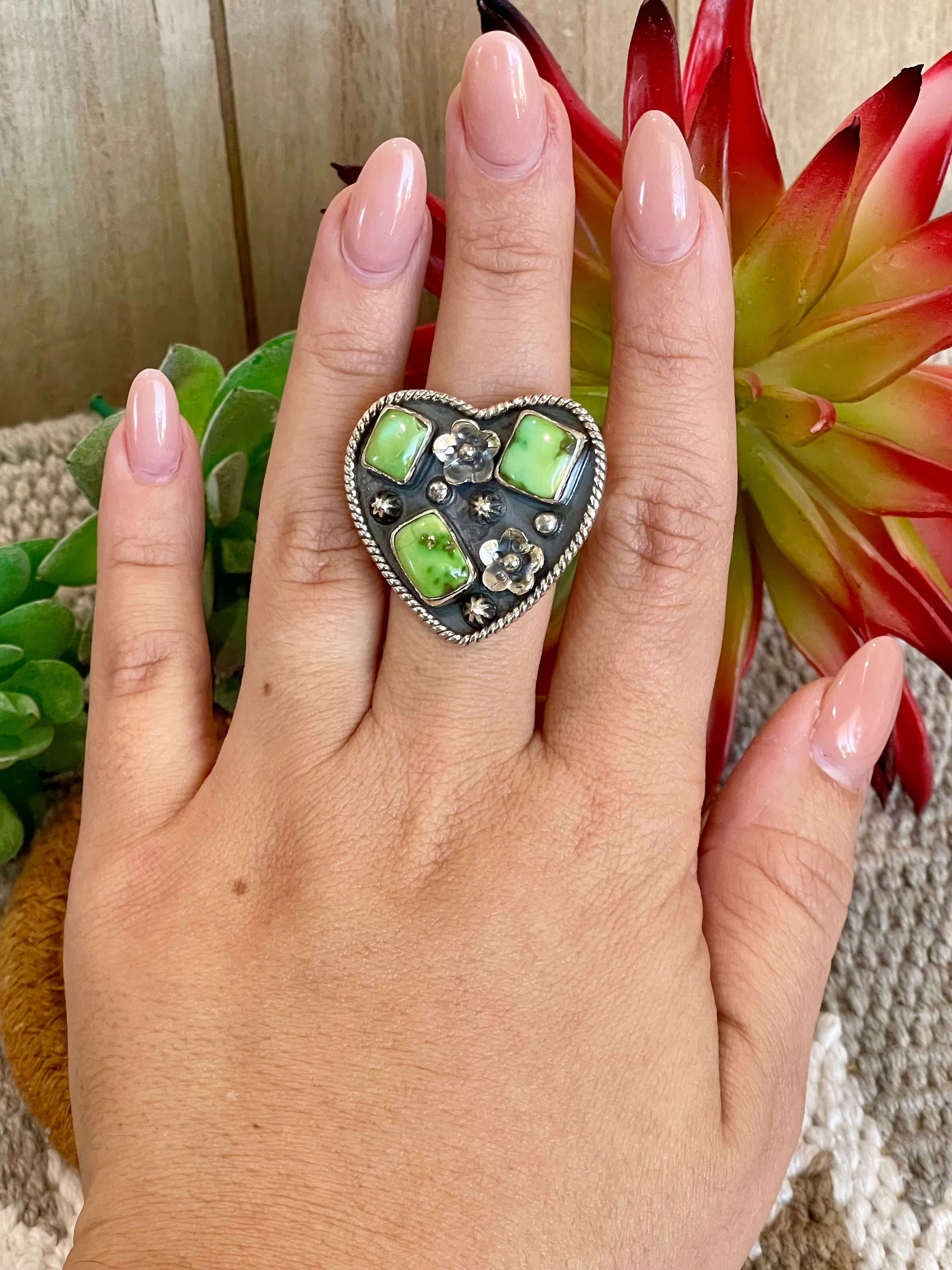 Southwest Handmade Sonoran Mountain Turquoise & Sterling Silver Adjustable Heart Ring