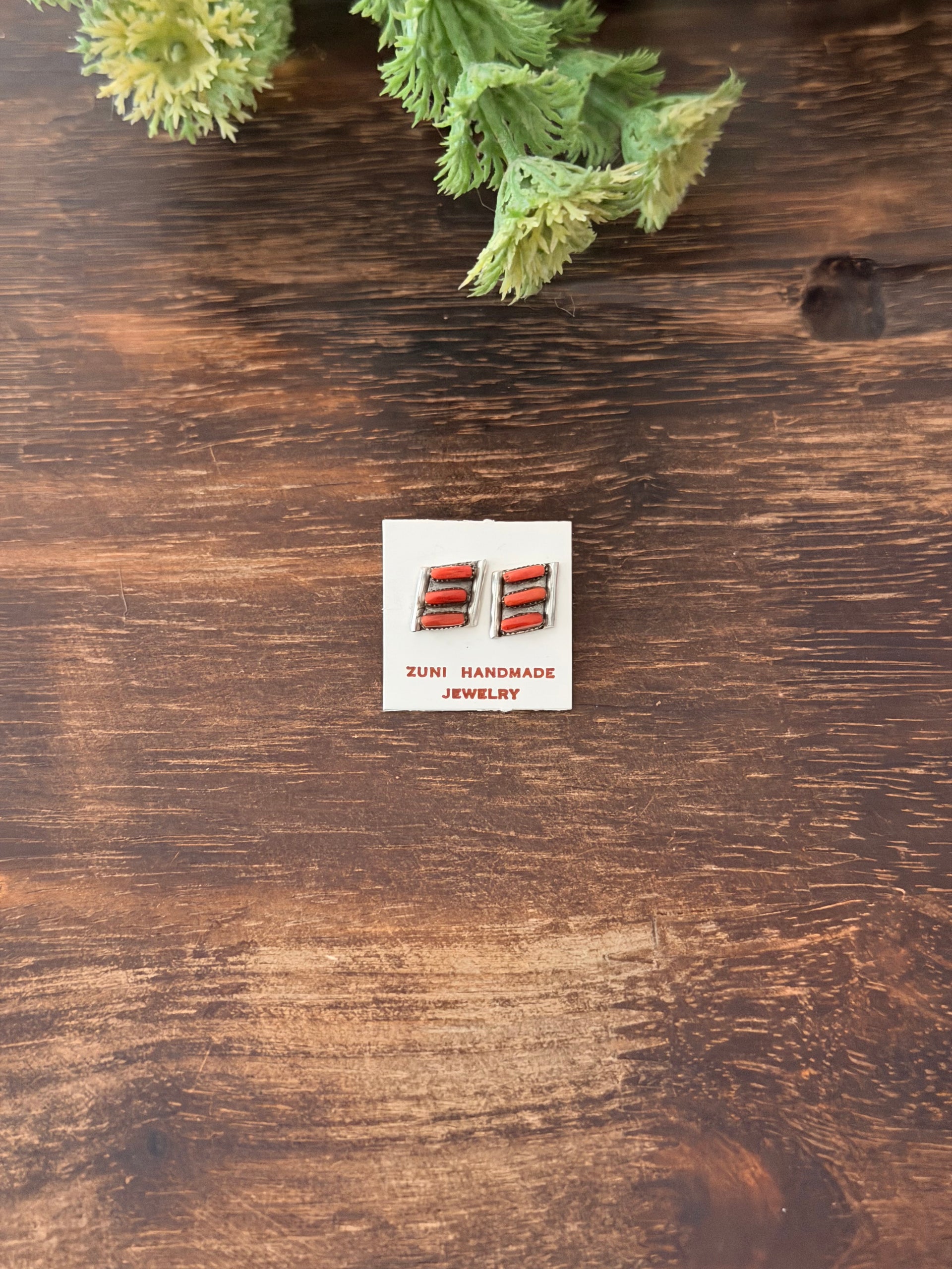 Zuni Made Coral & Sterling Silver Post Cluster Earrings
