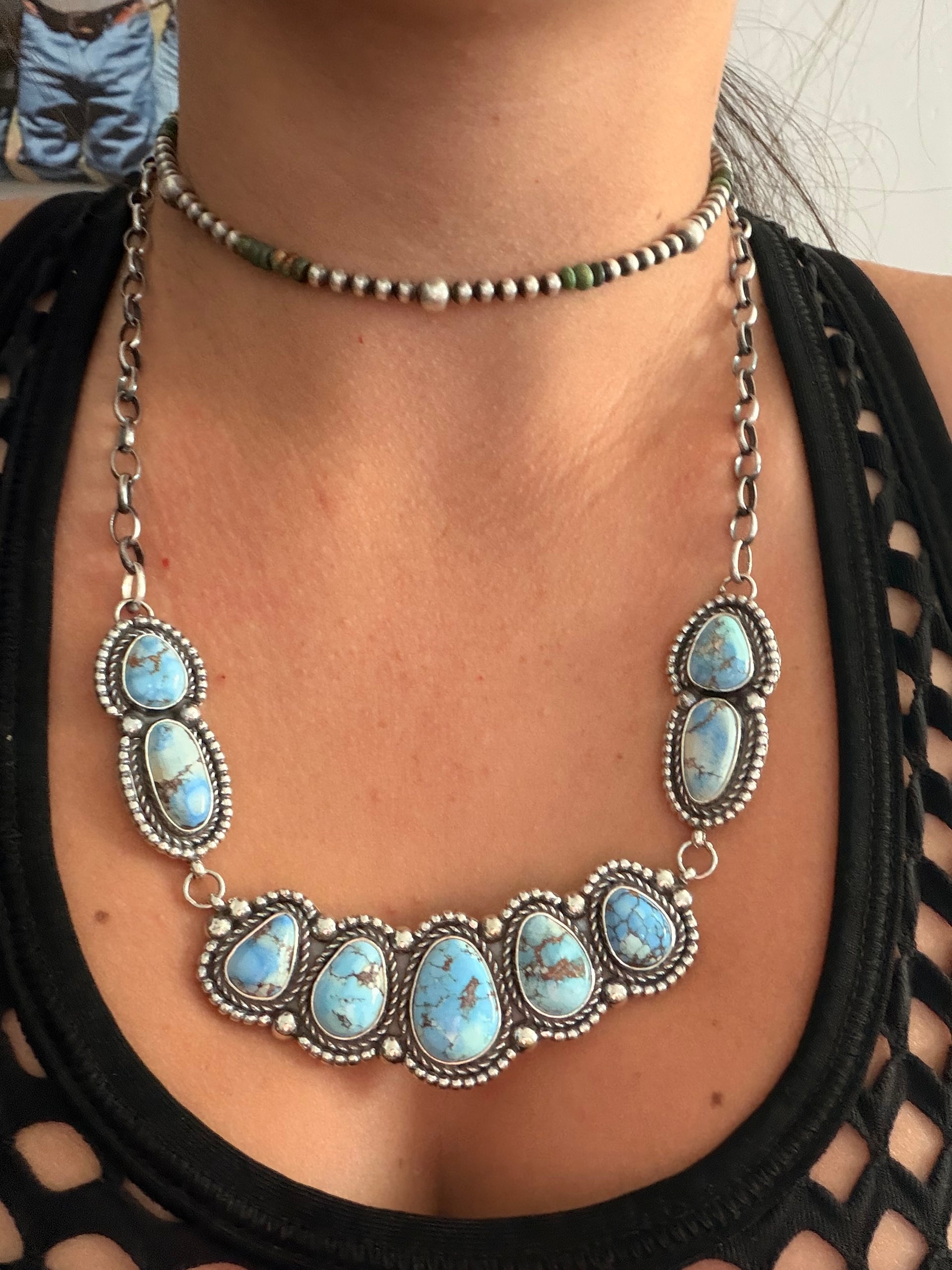 Fred Francis Golden Hills Turquoise  & Sterling Silver Bar Cluster Necklace Set