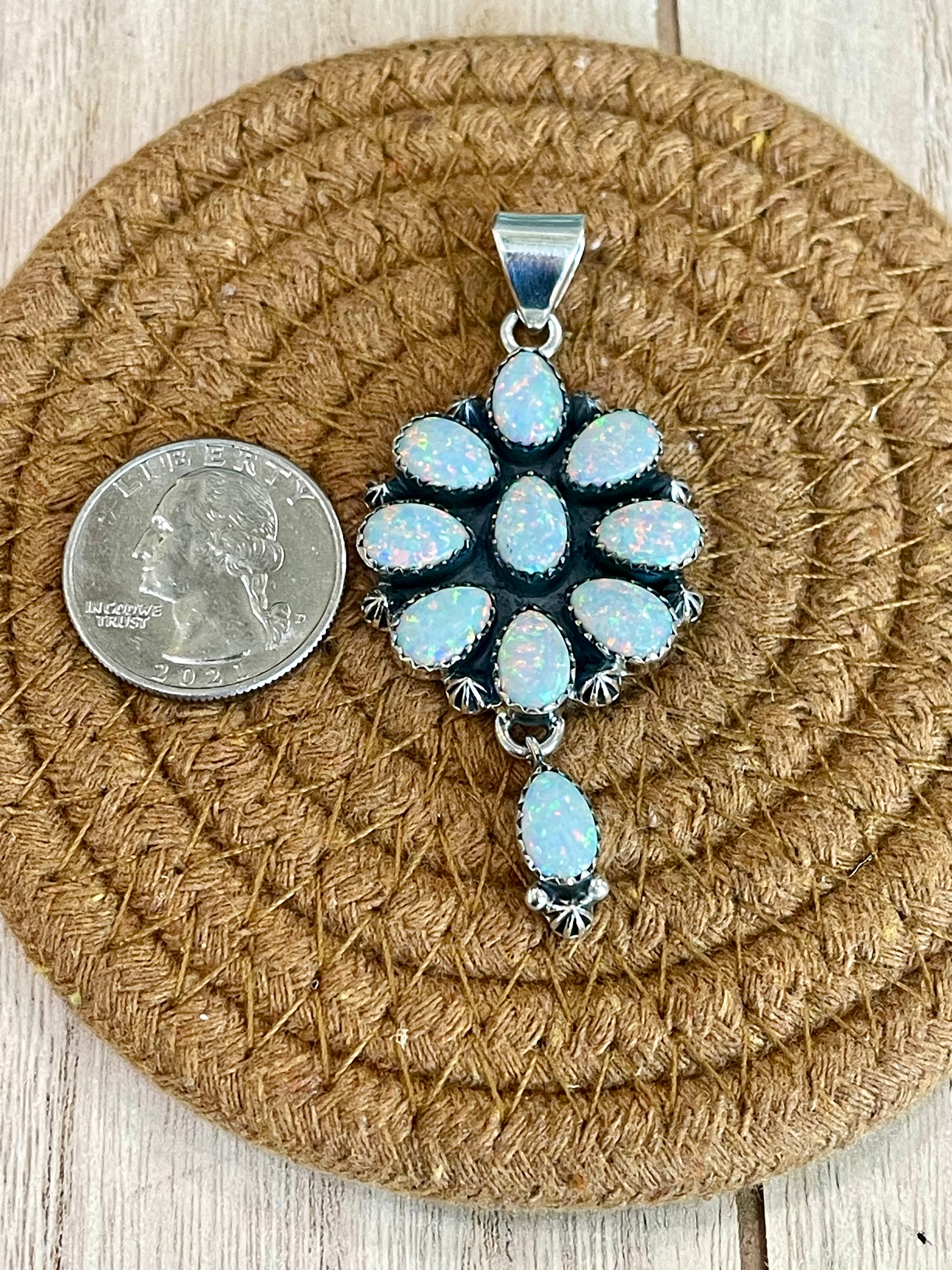 Southwest Handmade Opal & Sterling Silver Cluster Dangle Pendant