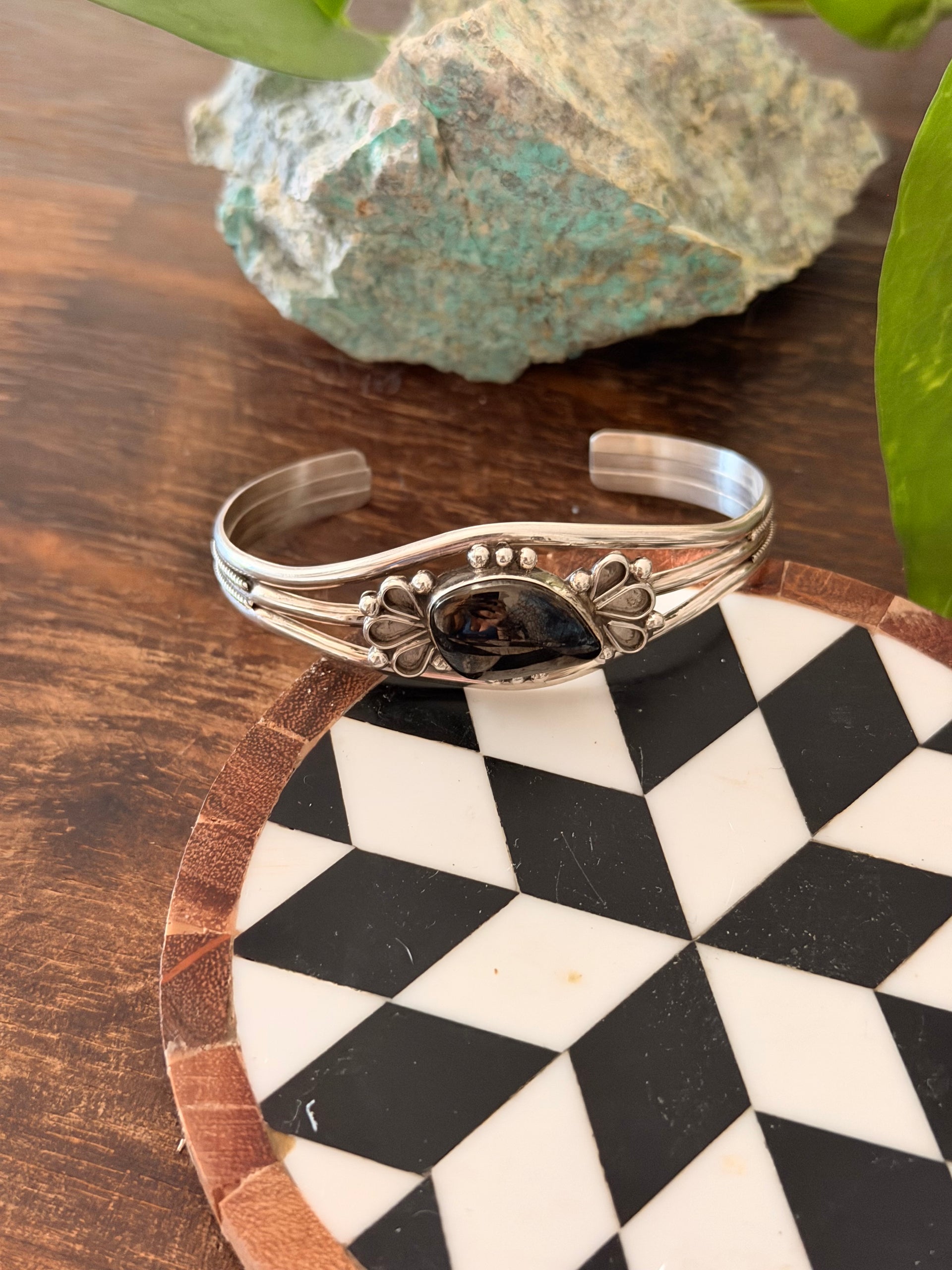 Navajo Made Obsidian & Sterling Silver Cuff Bracelet