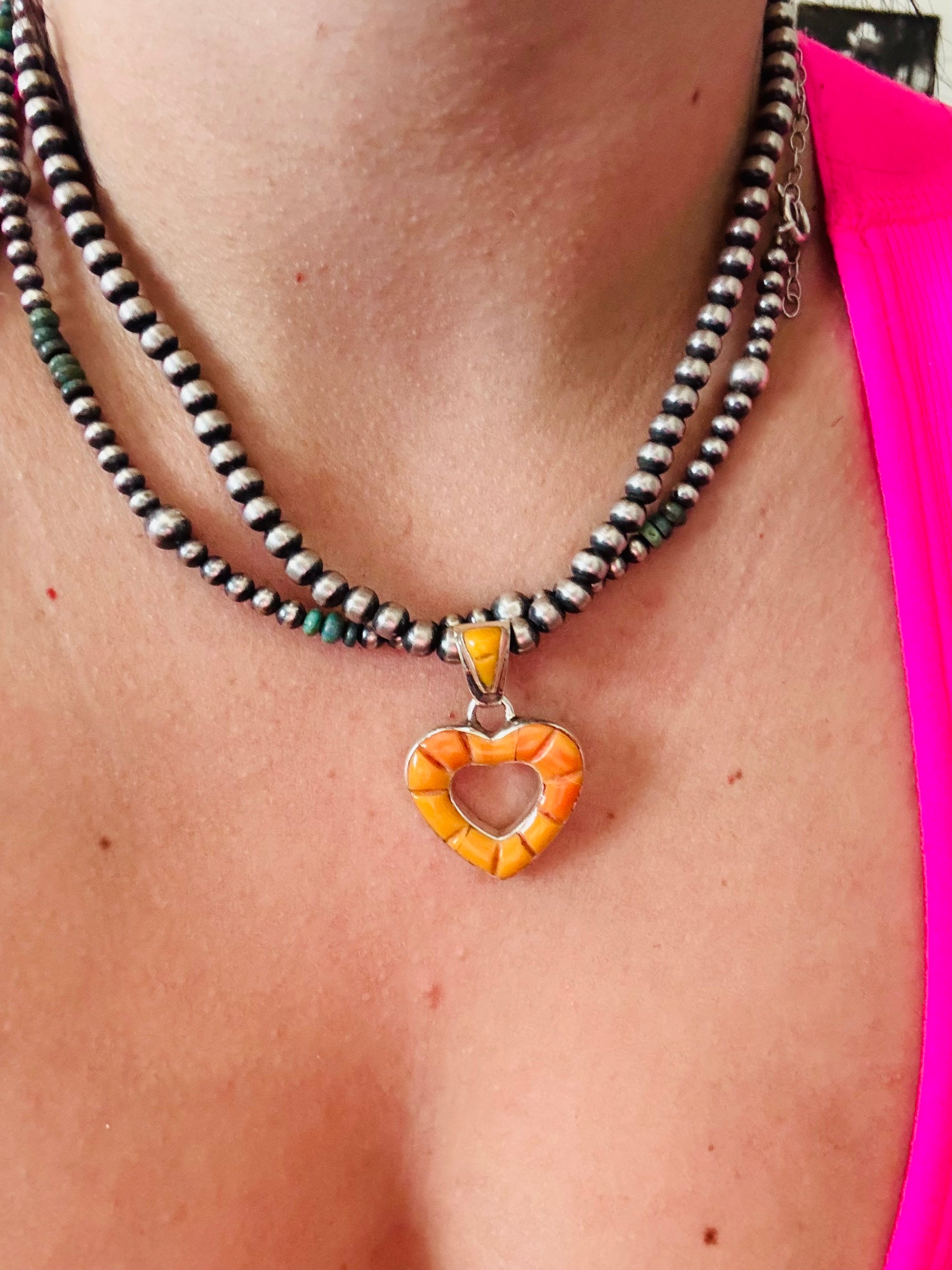 Southwest Spiny Oyster & Sterling Silver Cobblestone Heart Pendant