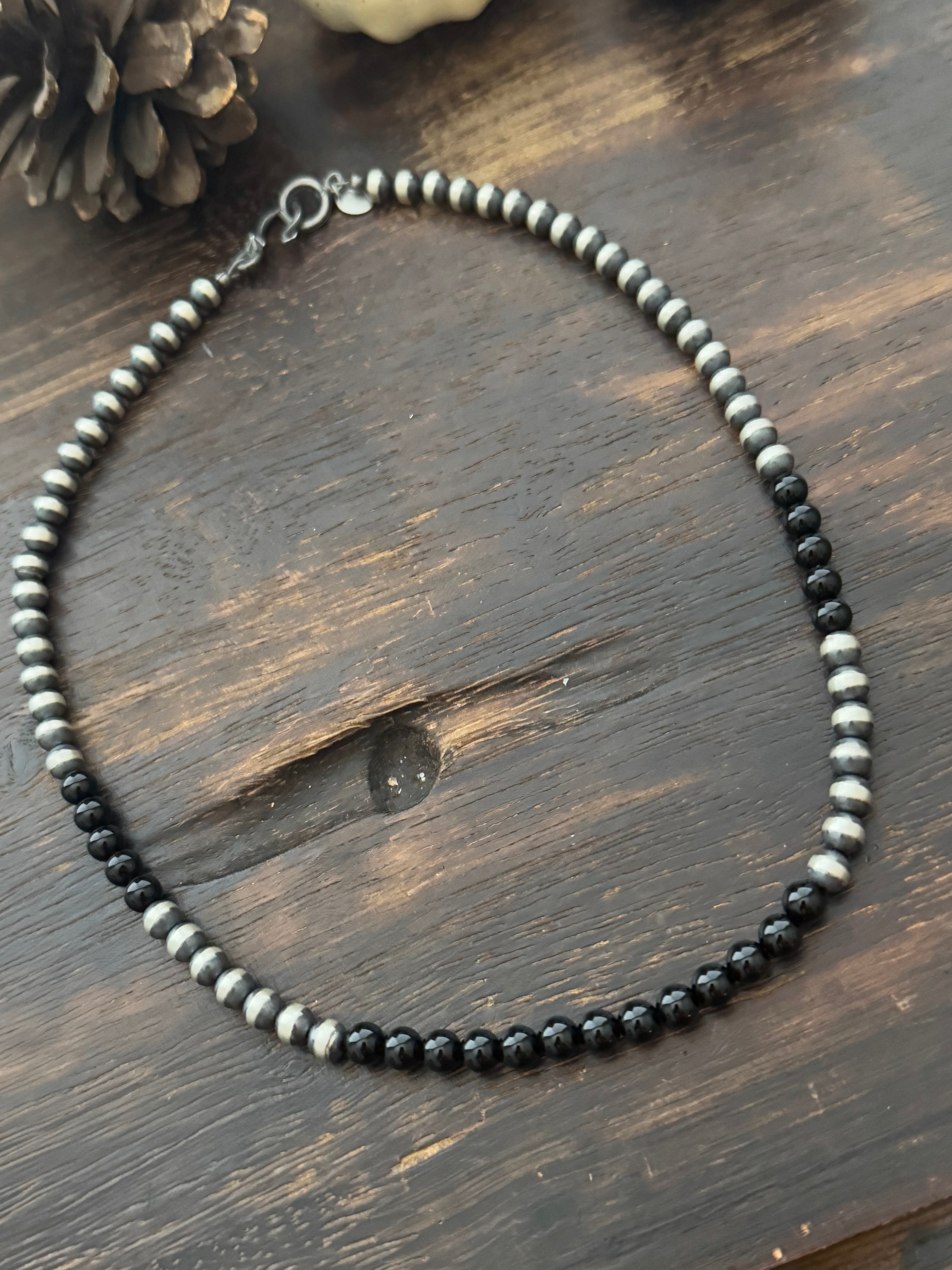 Navajo Strung Onyx & Sterling Silver Pearls Beaded Necklace