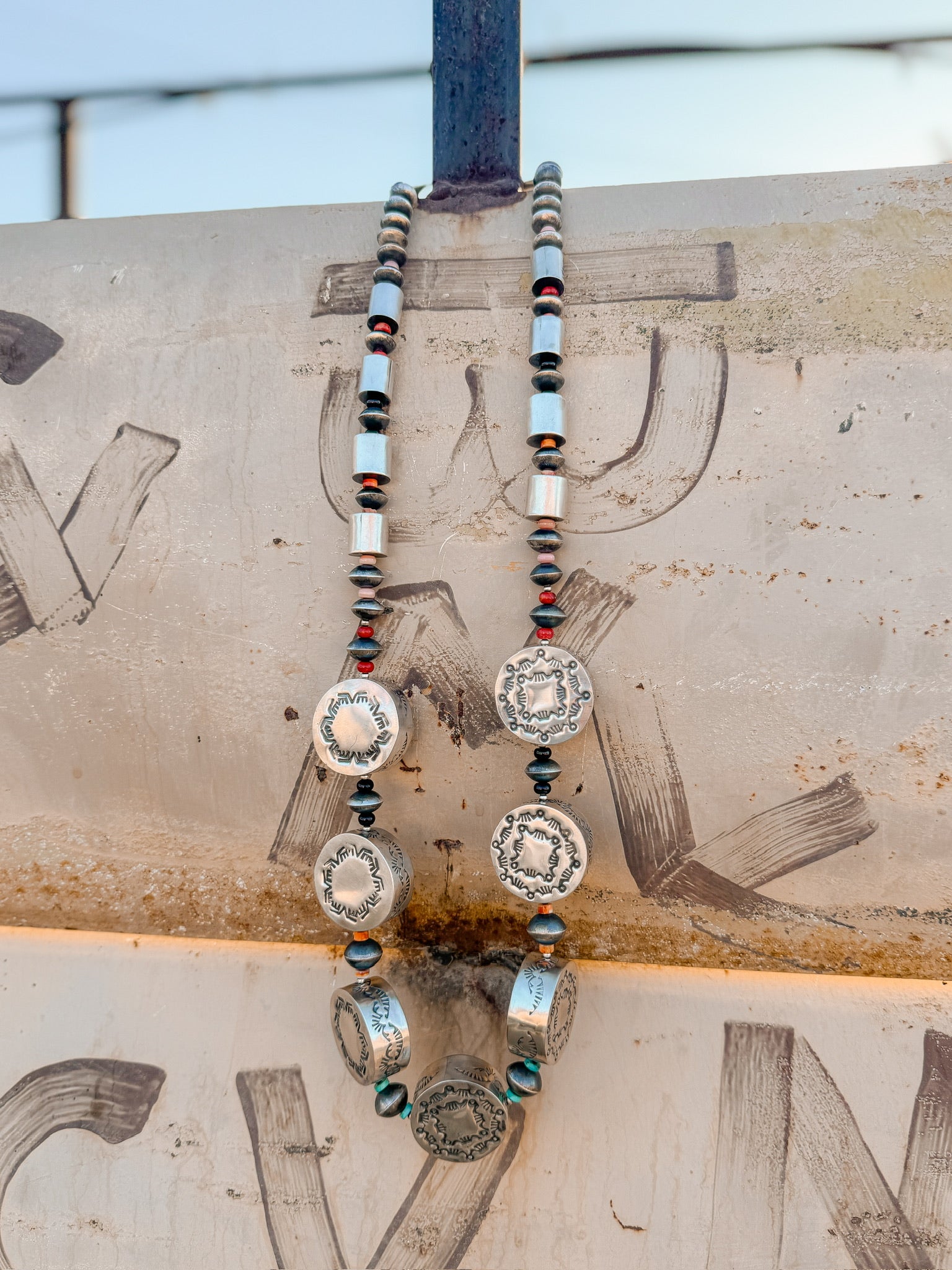 Navajo Handmade Multi Stone & Sterling Silver Drum Pearl Necklace Set