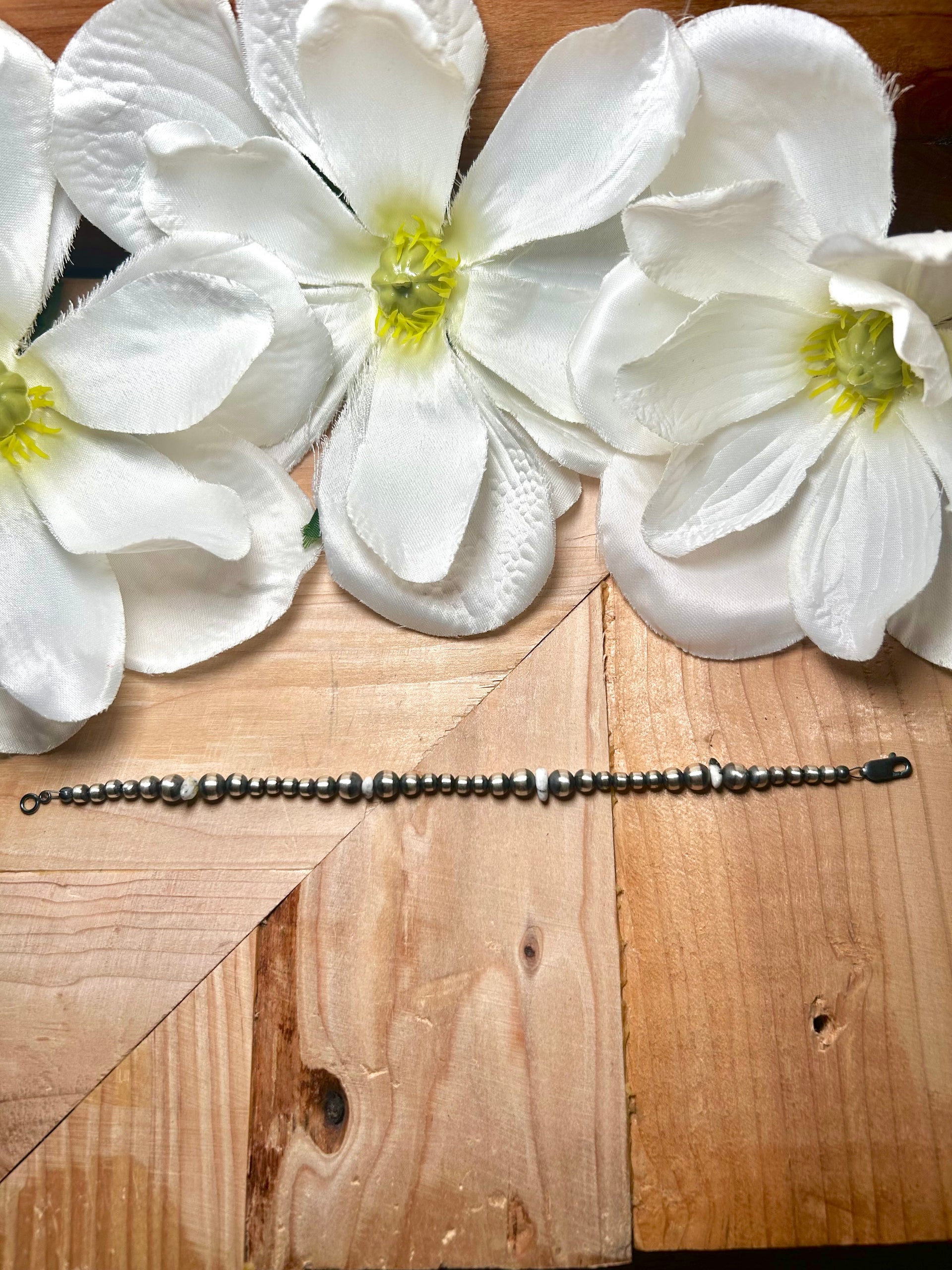 Navajo Made Strung White Buffalo & Sterling Silver Link Bracelet