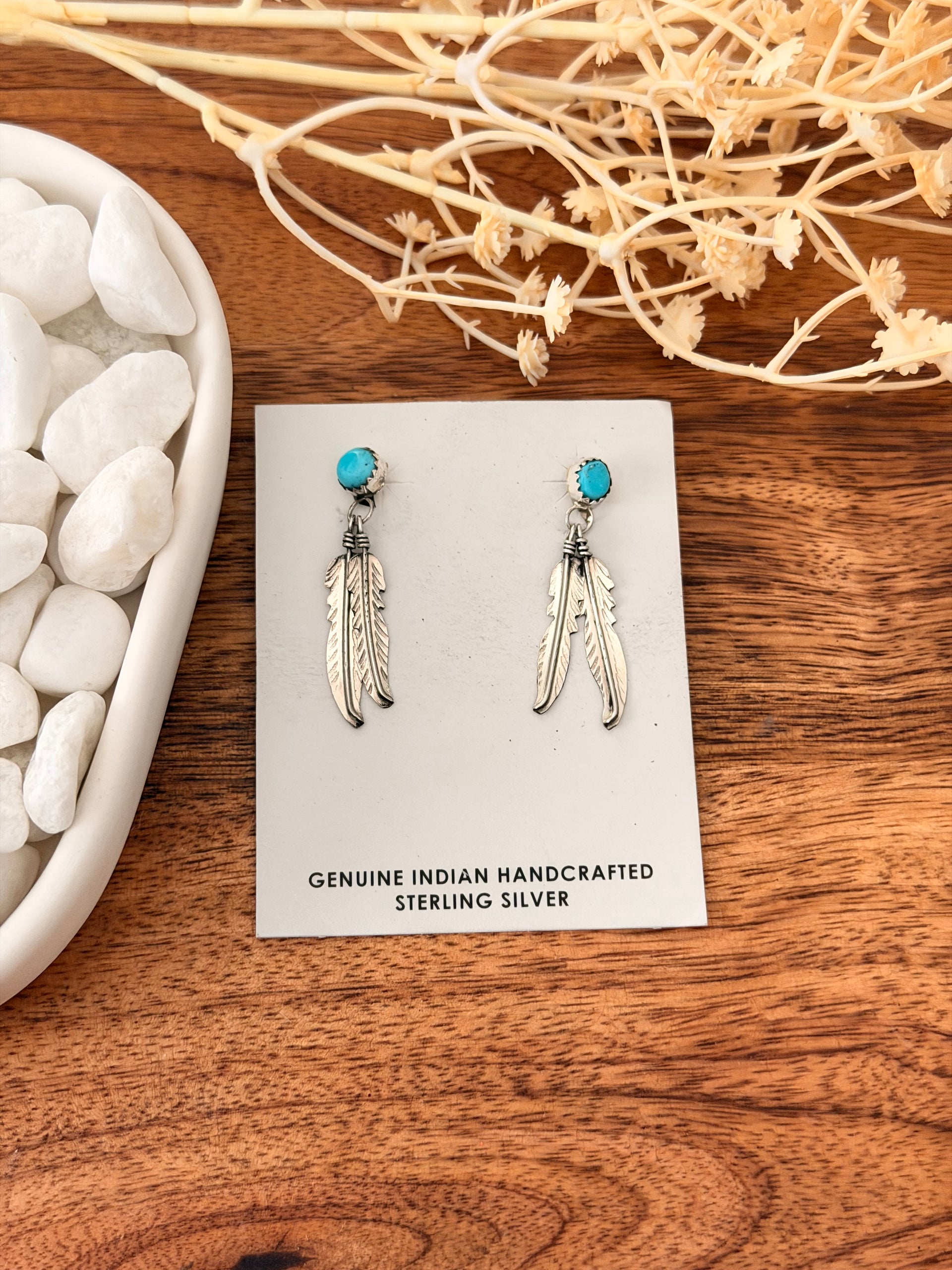 Rita Largo Kingman Turquoise & Sterling Silver Post Dangle Feather Earrings