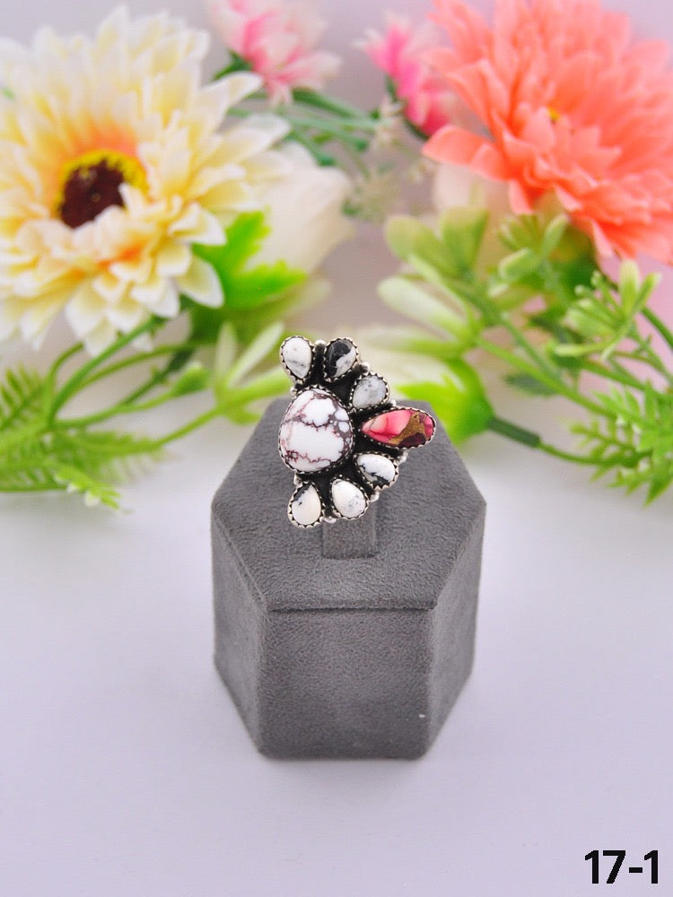 Southwest Made Multi Stone & Sterling Sliver Cluster Adjustable Ring