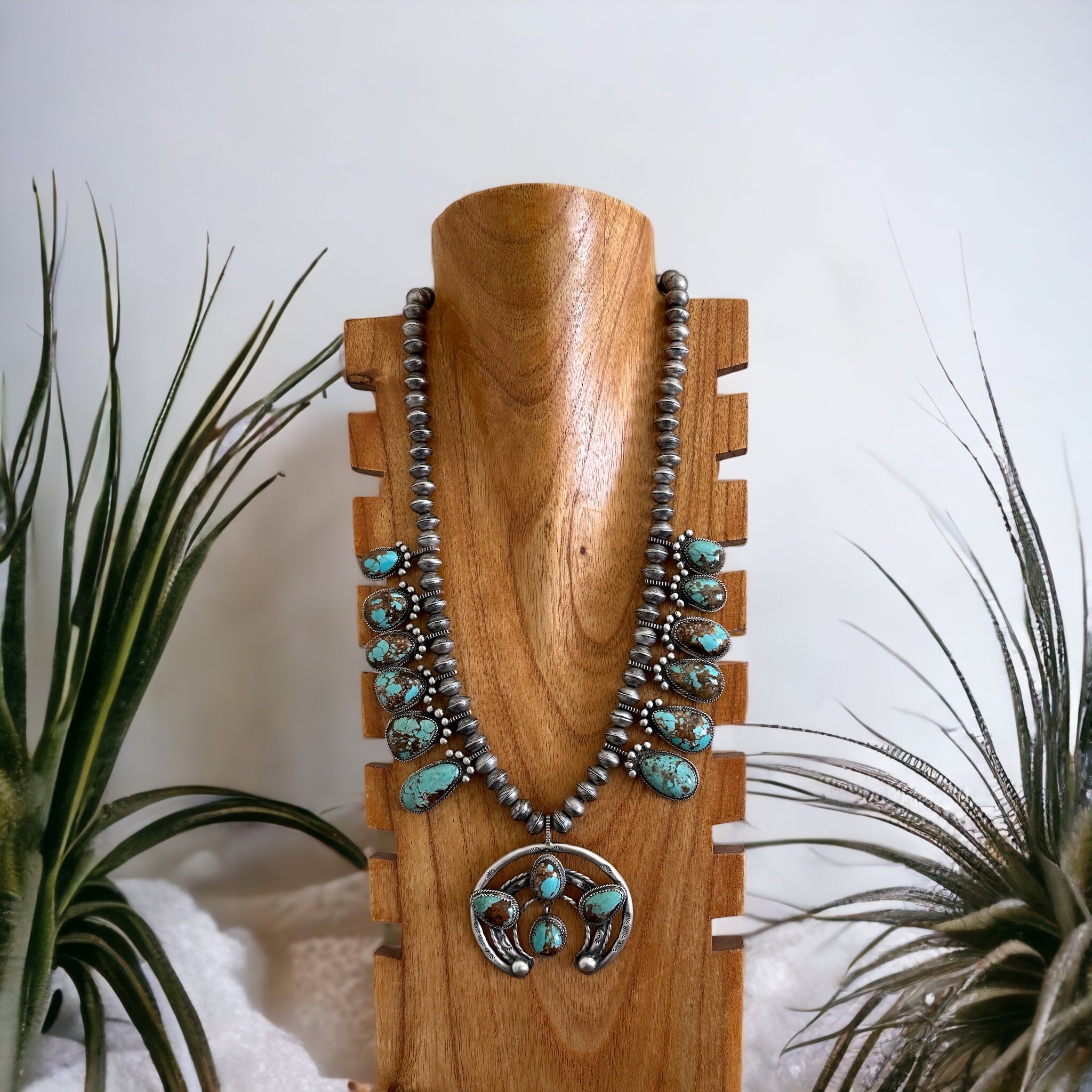 Navajo Made Ribbon Turquoise & Sterling Silver Squash Naja Blossom Necklace Set