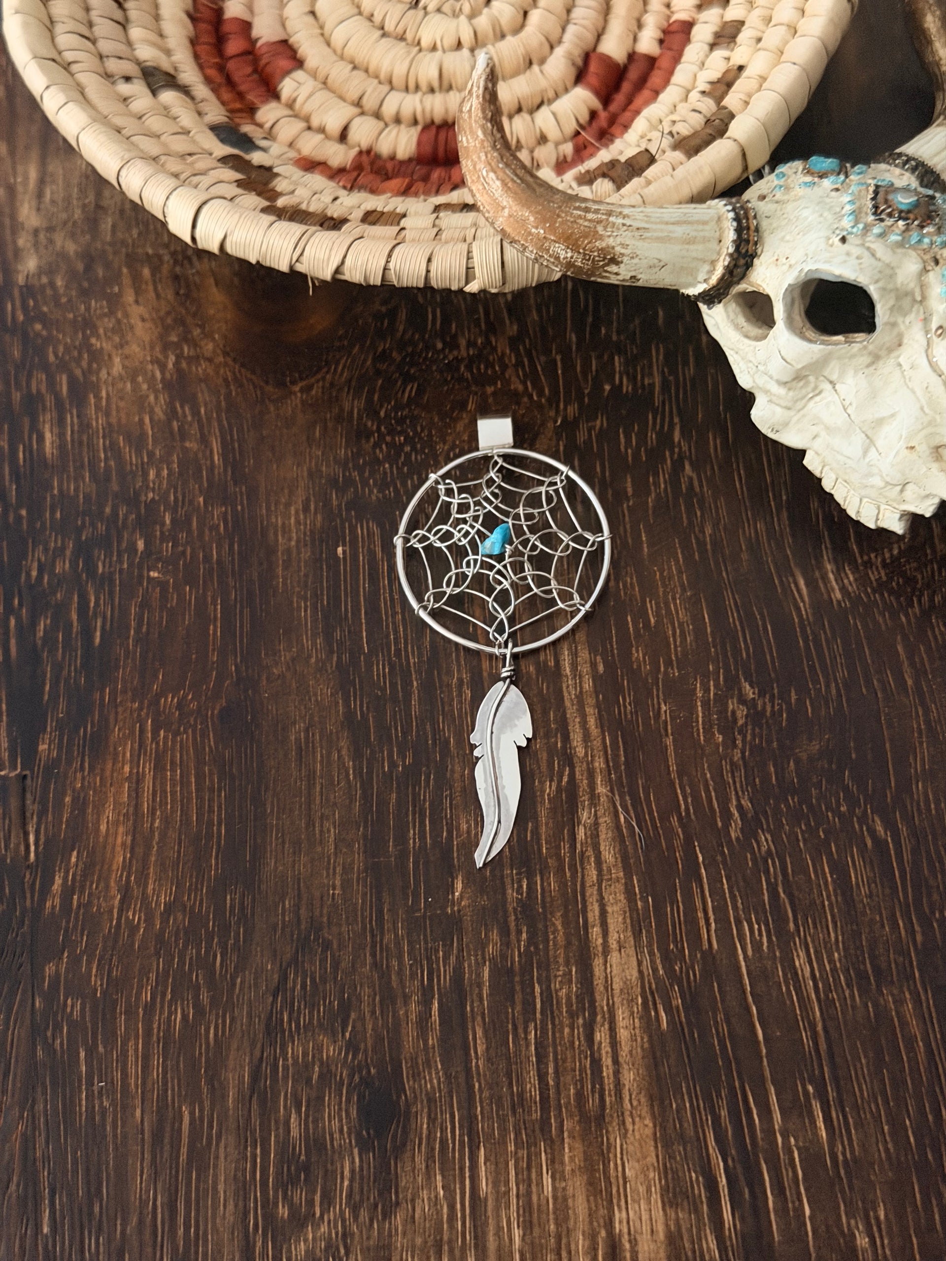 Navajo Made Sterling Silver Dream Catcher Feather Pendant