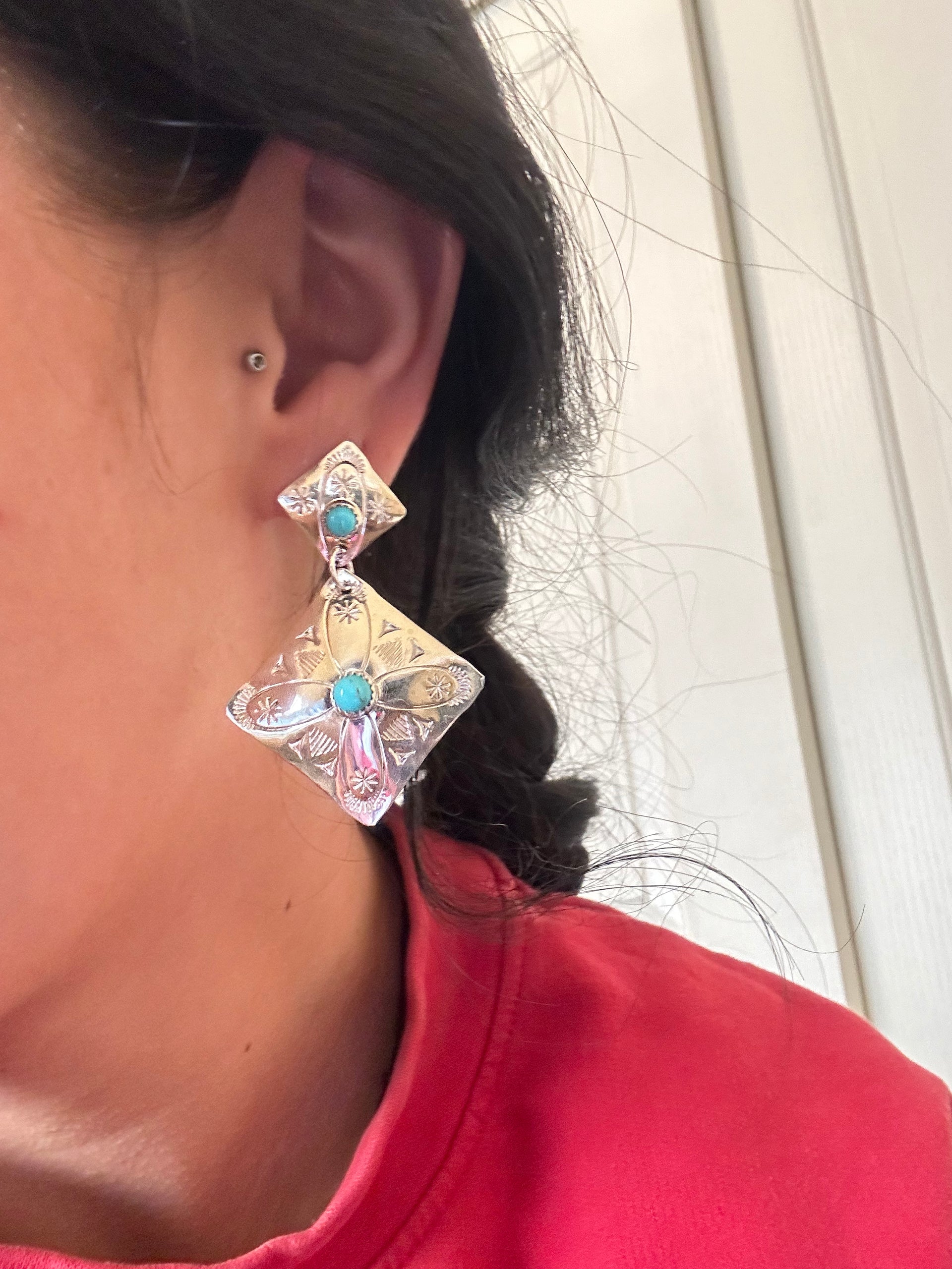 Navajo Made Kingman Turquoise & Sterling Silver Post Dangle Earrings