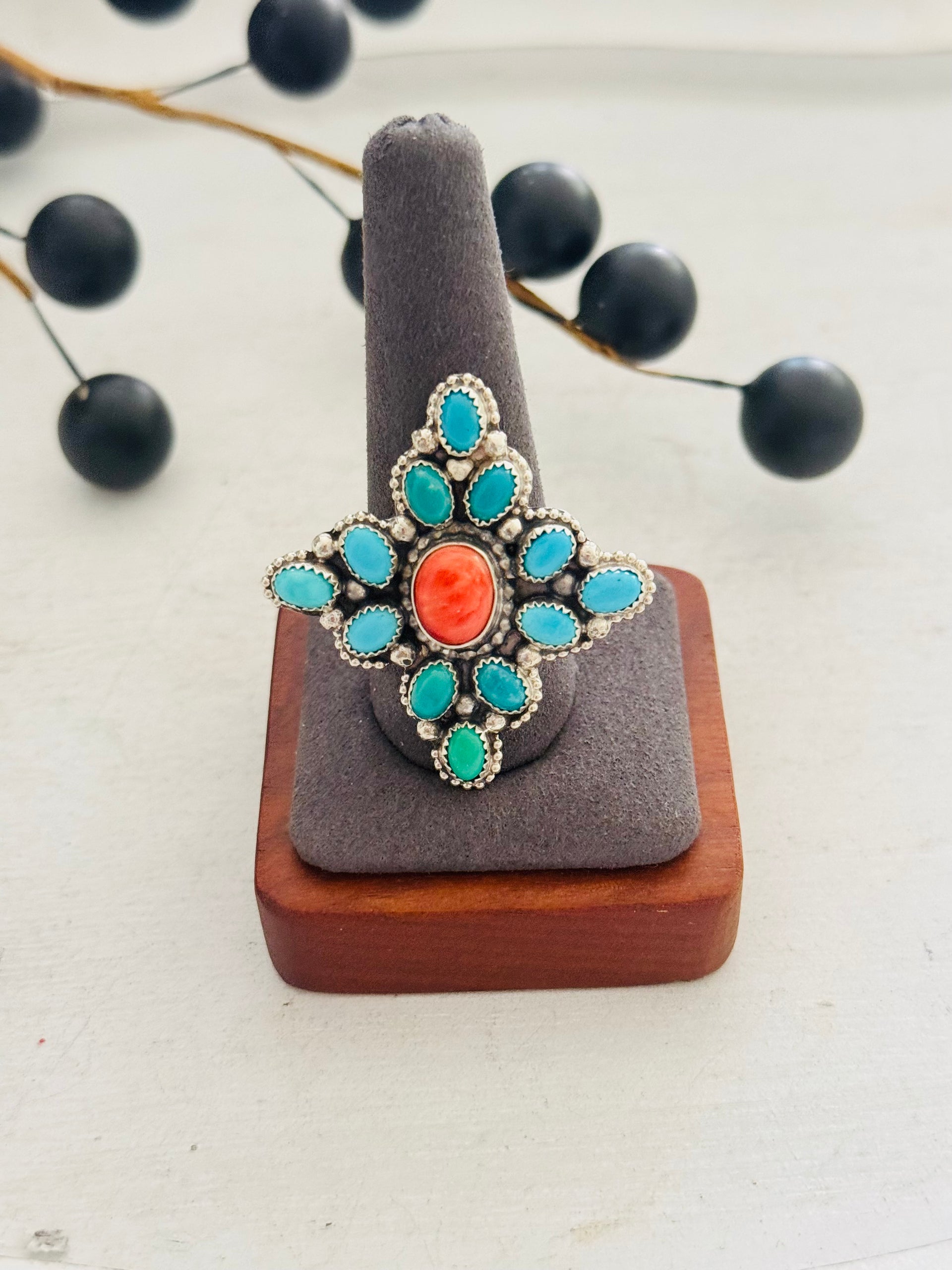 Navajo Made Multi Stone & Sterling Silver Cluster Ring Size 10.75