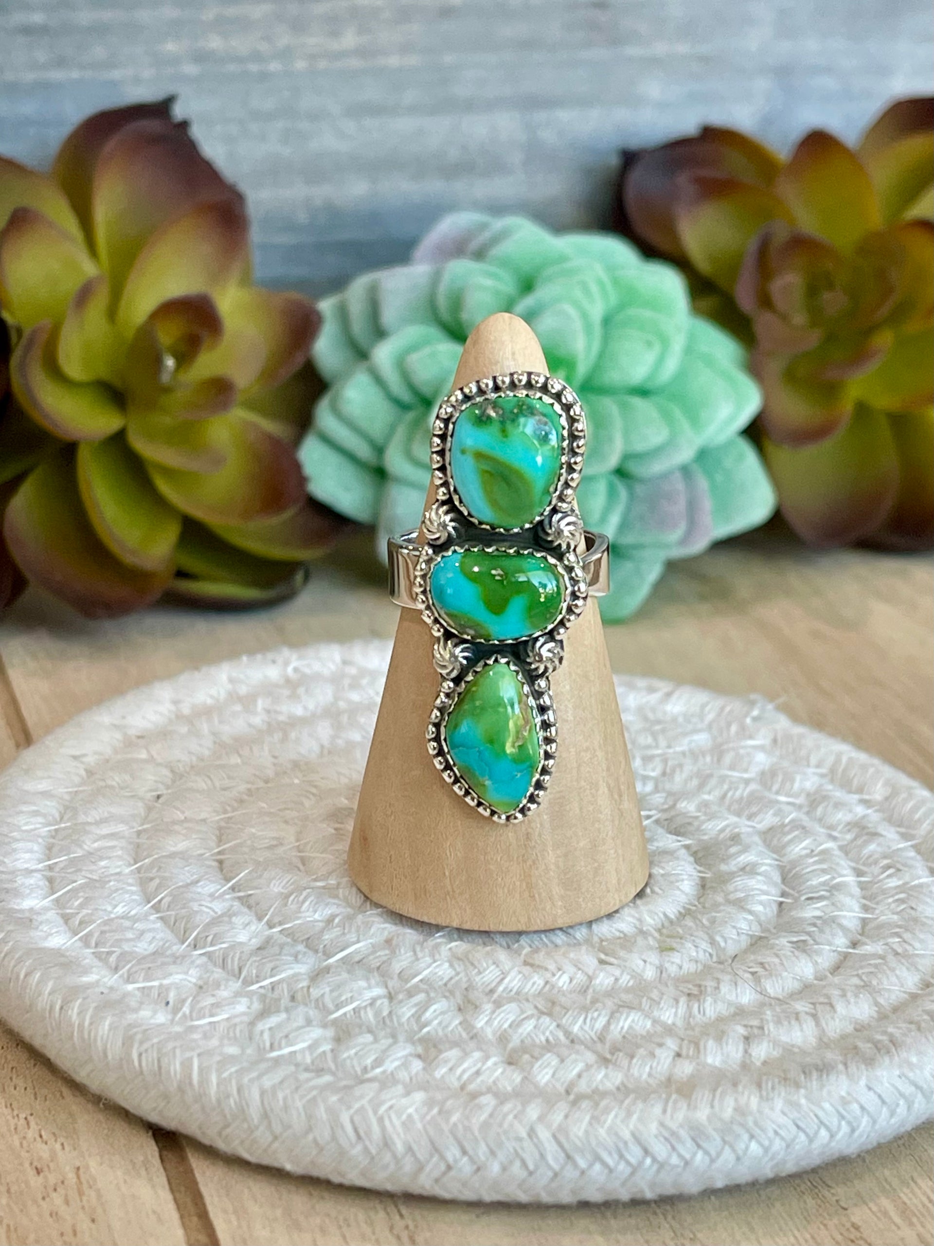 Southwest Handmade Sonoran Mountain Turquoise & Sterling Silver Adjustable 3 Srone Ring