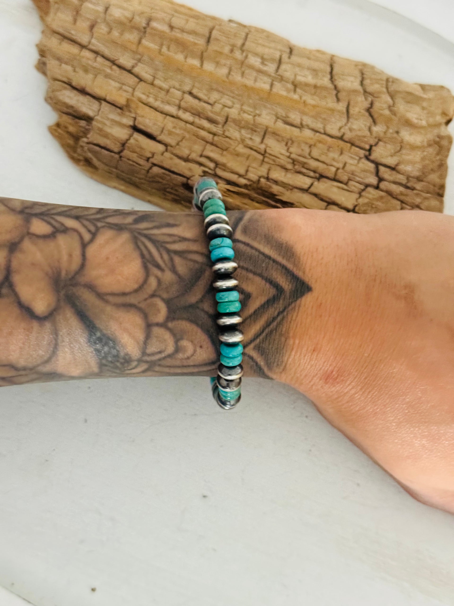 Navajo Strung Kingman Turquoise & Sterling Silver Pearl Beaded Stretch Bracelet