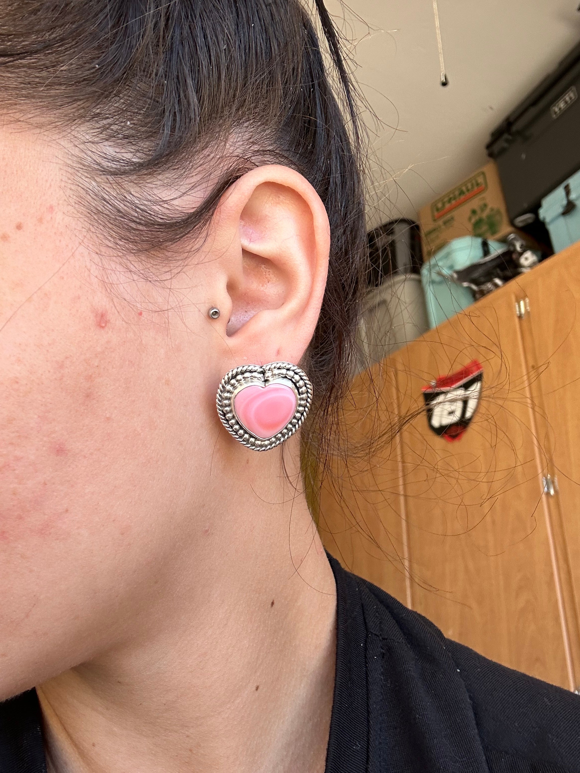 Navajo Handmade Pink Conch & Sterling Silver Post Heart Earrings