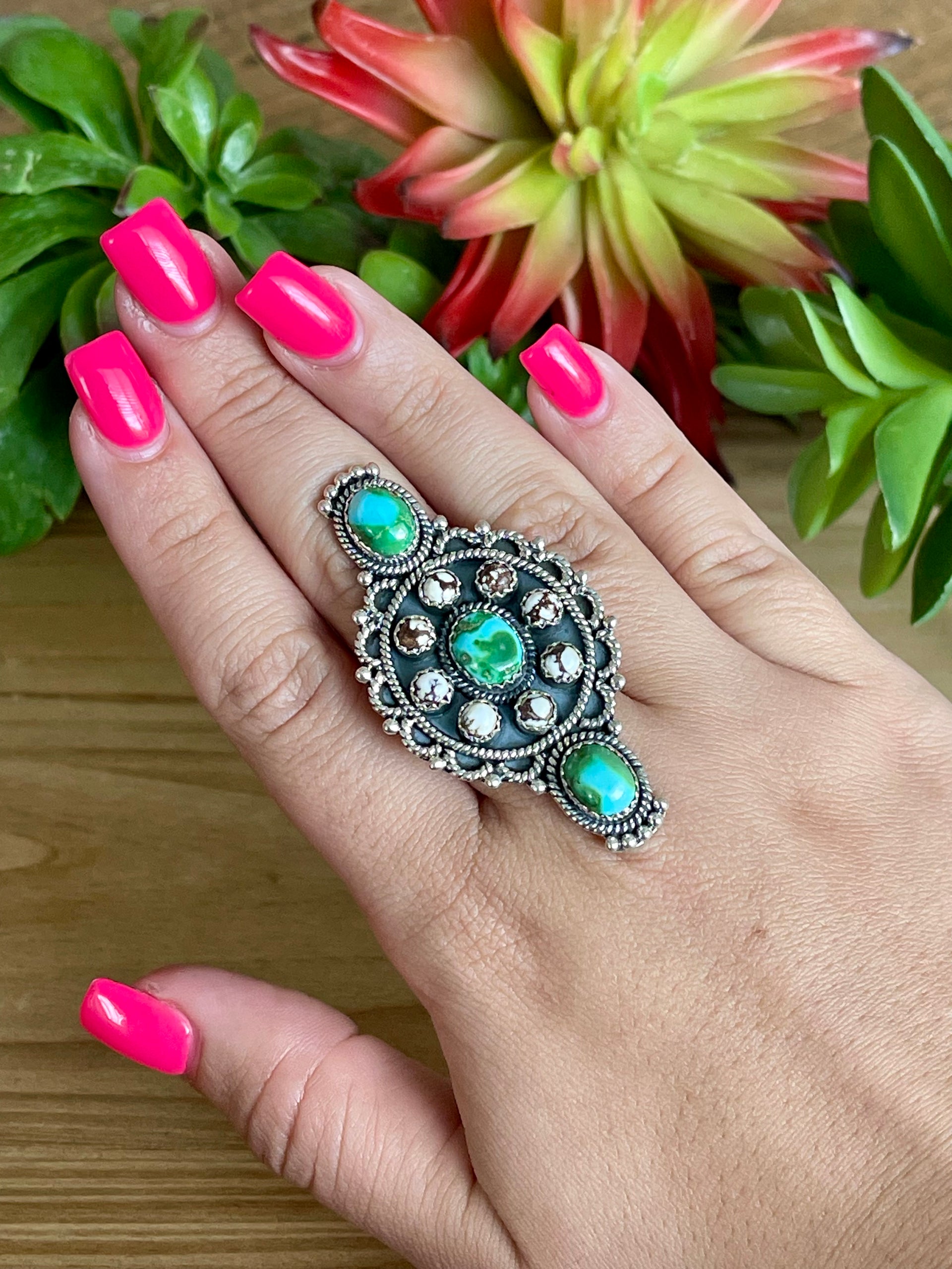 Southwest Handmade Multi Stone & Sterling Silver Adjustable Cluster Ring