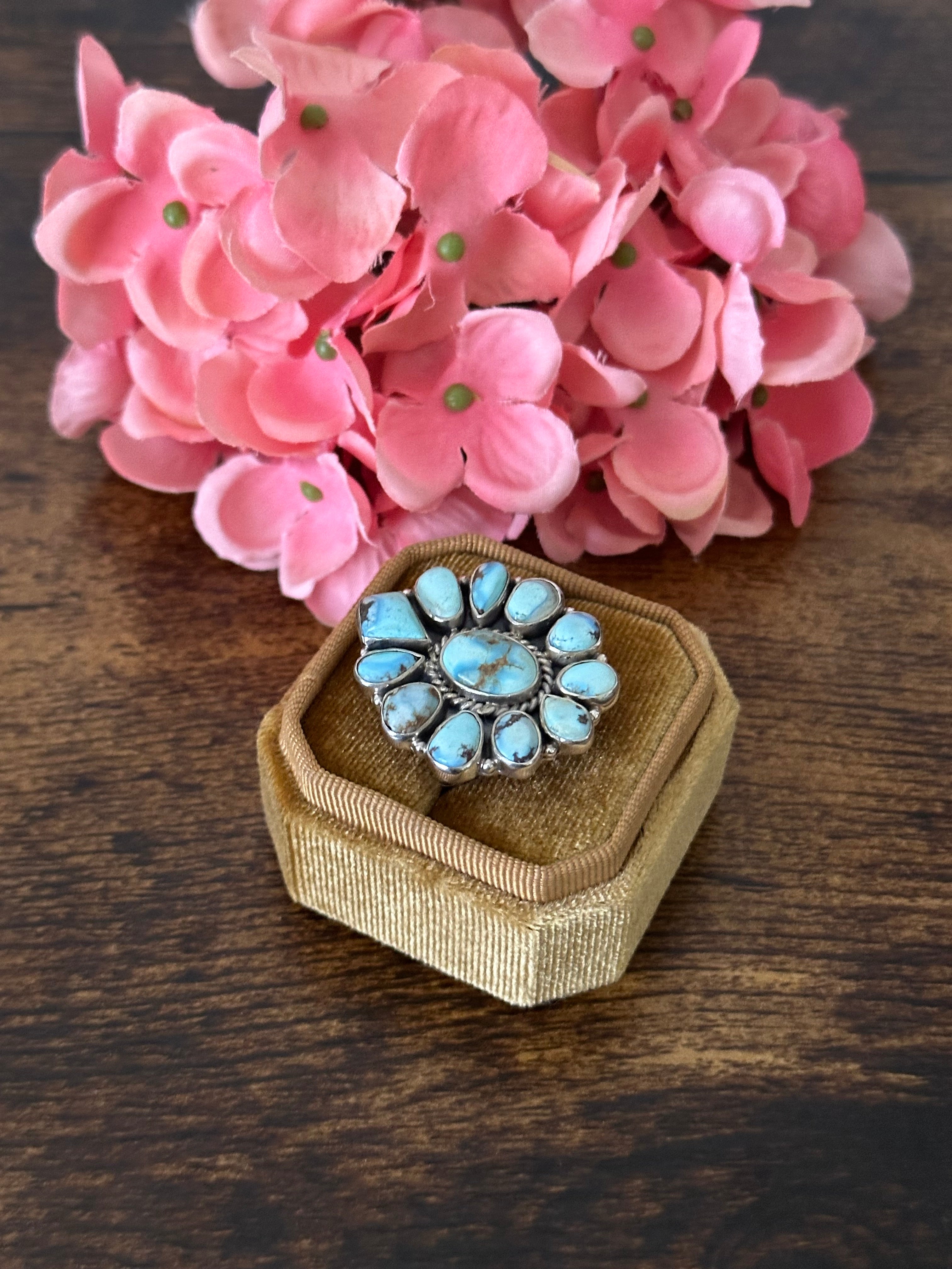 Southwest Handmade Golden Hills Turquoise & Sterling Silver Cluster Adjustable Ring