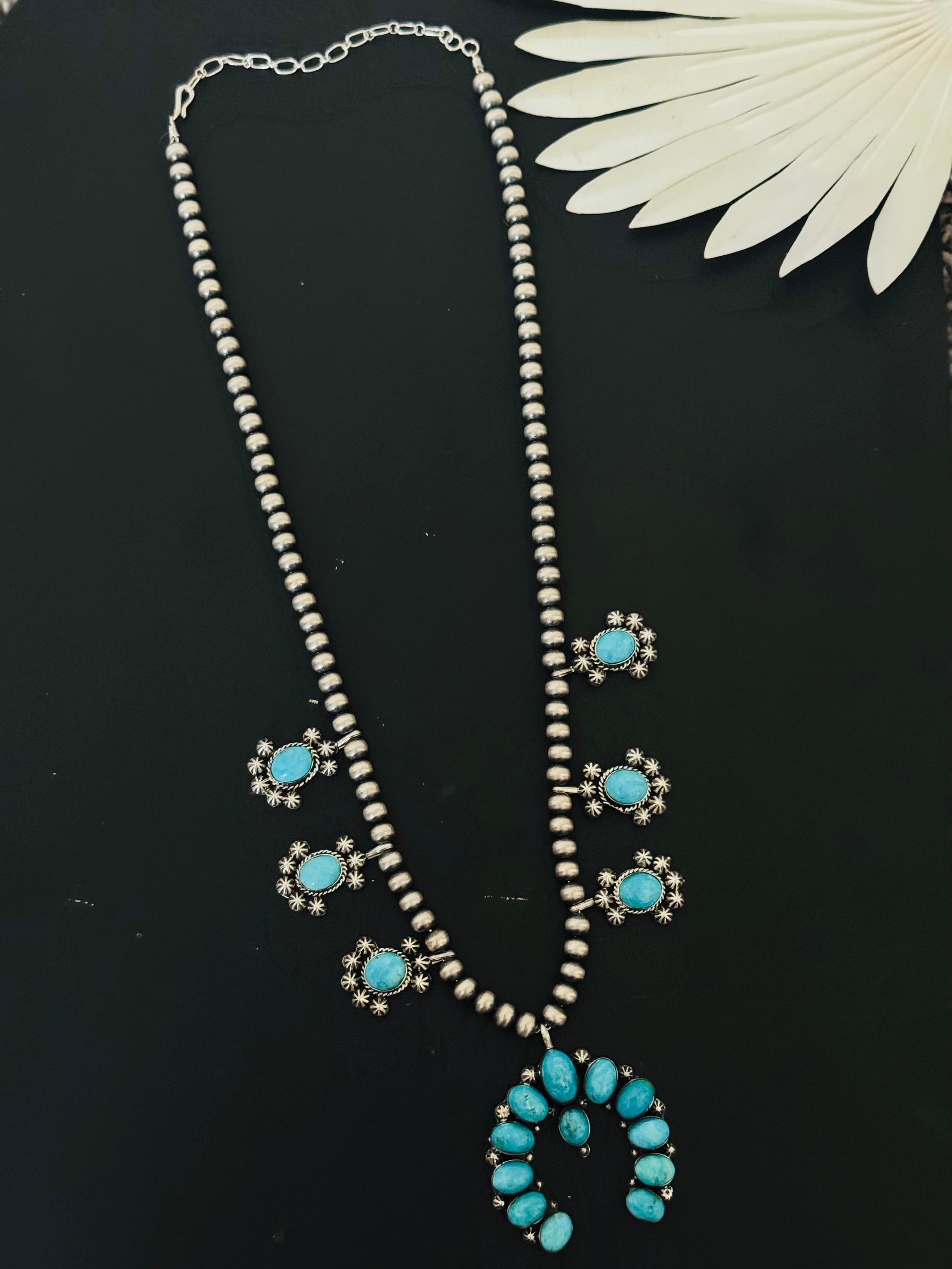 Irvin Tsosie Kingman Turquoise & Sterling Silver Squash Blossom Necklace
