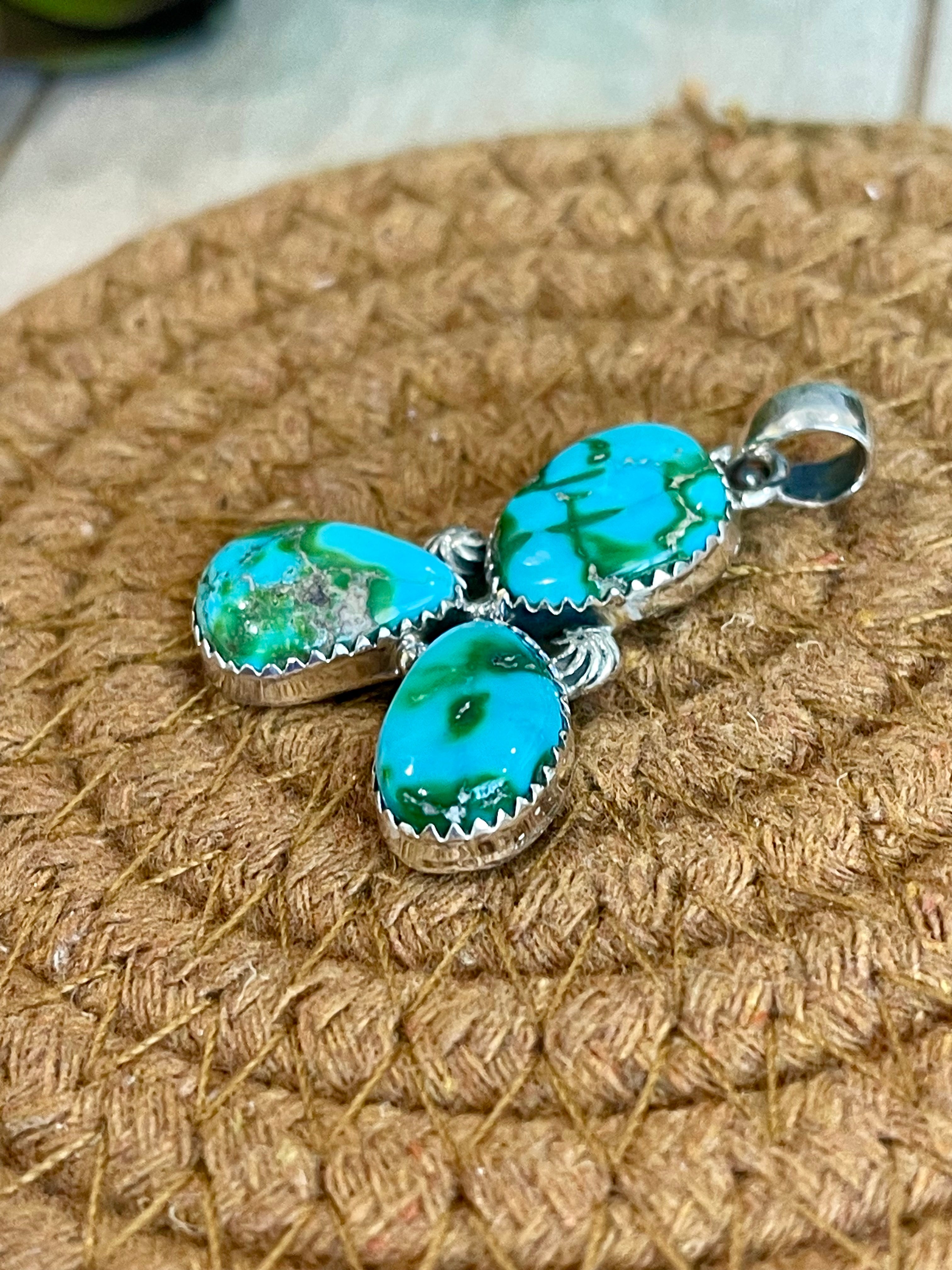 Southwest Handmade Sonoran Mountain Turquoise & Sterling Silver 3 Stone Pendant