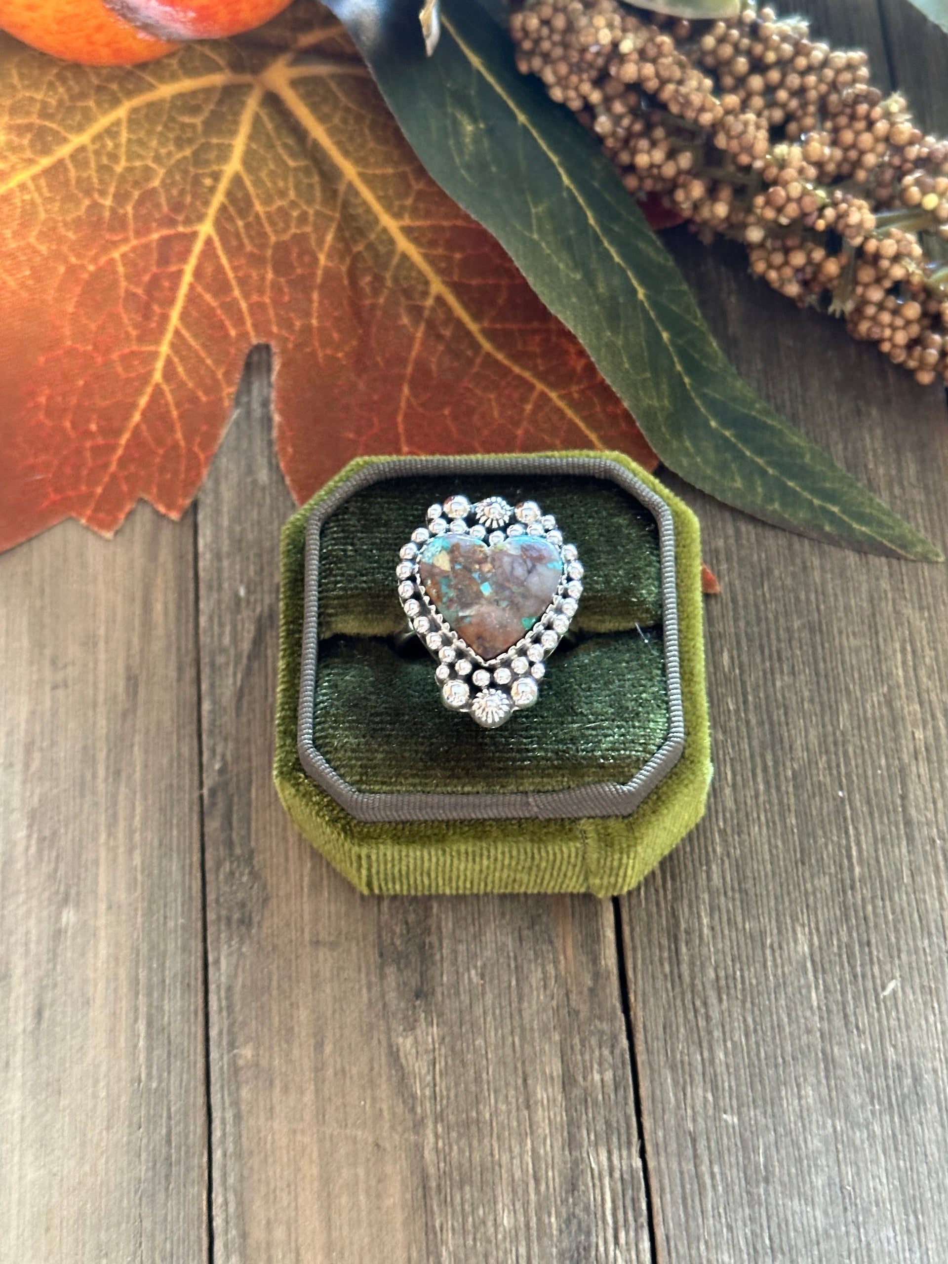 Southwest Handmade Mohave Turquoise & Sterling Silver Heart Ring Size 8.25