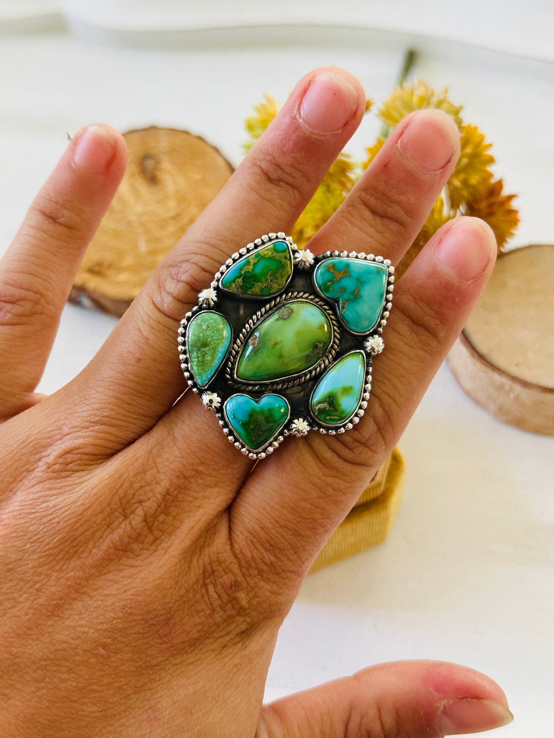Southwest Handmade Sonoran Mountain Turquoise & Sterling Silver Adjustable Cluster Ring