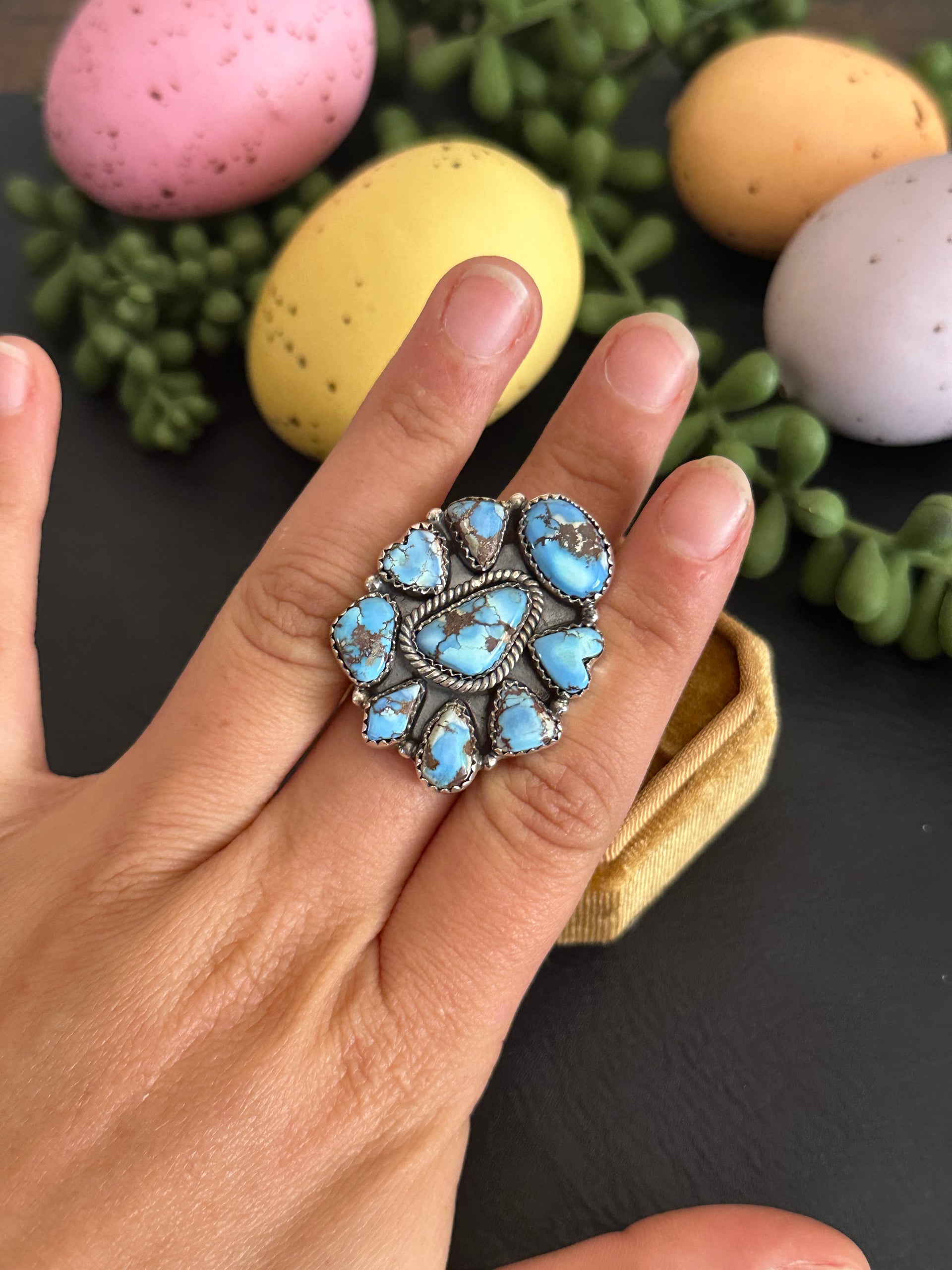 Southwest Handmade Golden Hills Turquoise & Sterling Silver Adjustable Cluster Ring