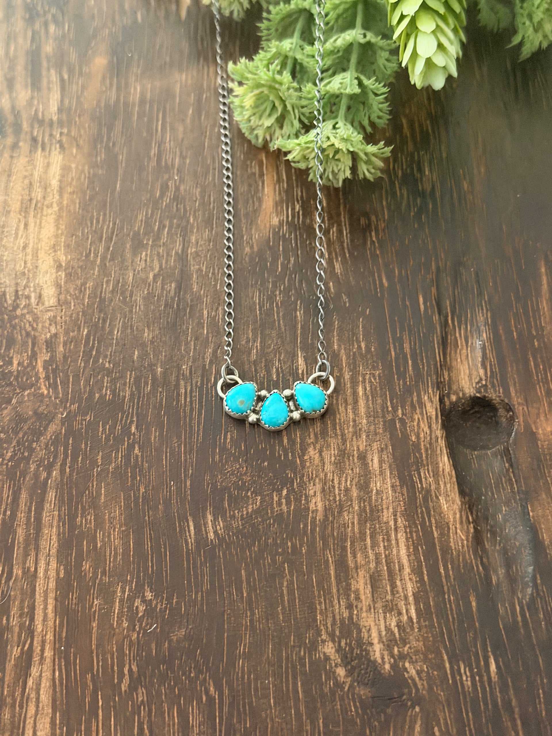 Navajo Made Kingman Turquoise & Sterling Silver Cluster Bar Necklace