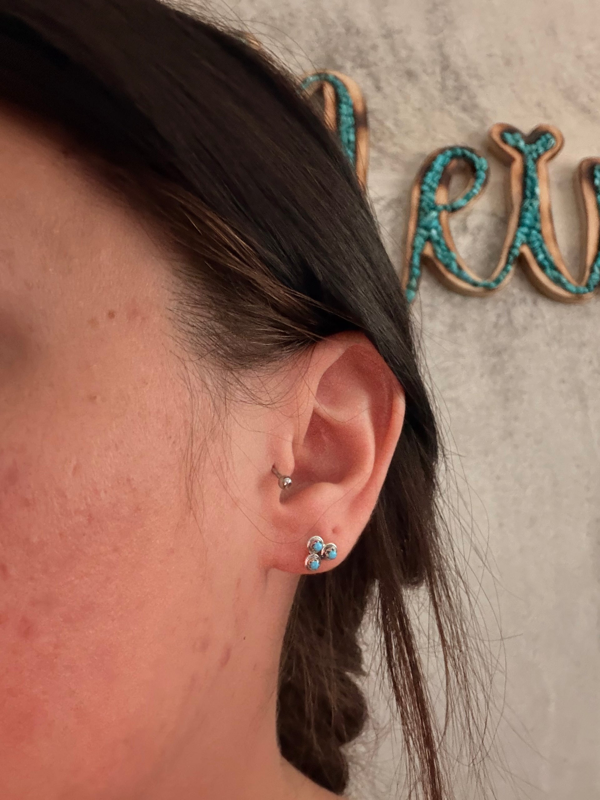 Zuni Made Kingman Turquoise & Sterling Silver Post Cluster Earrings