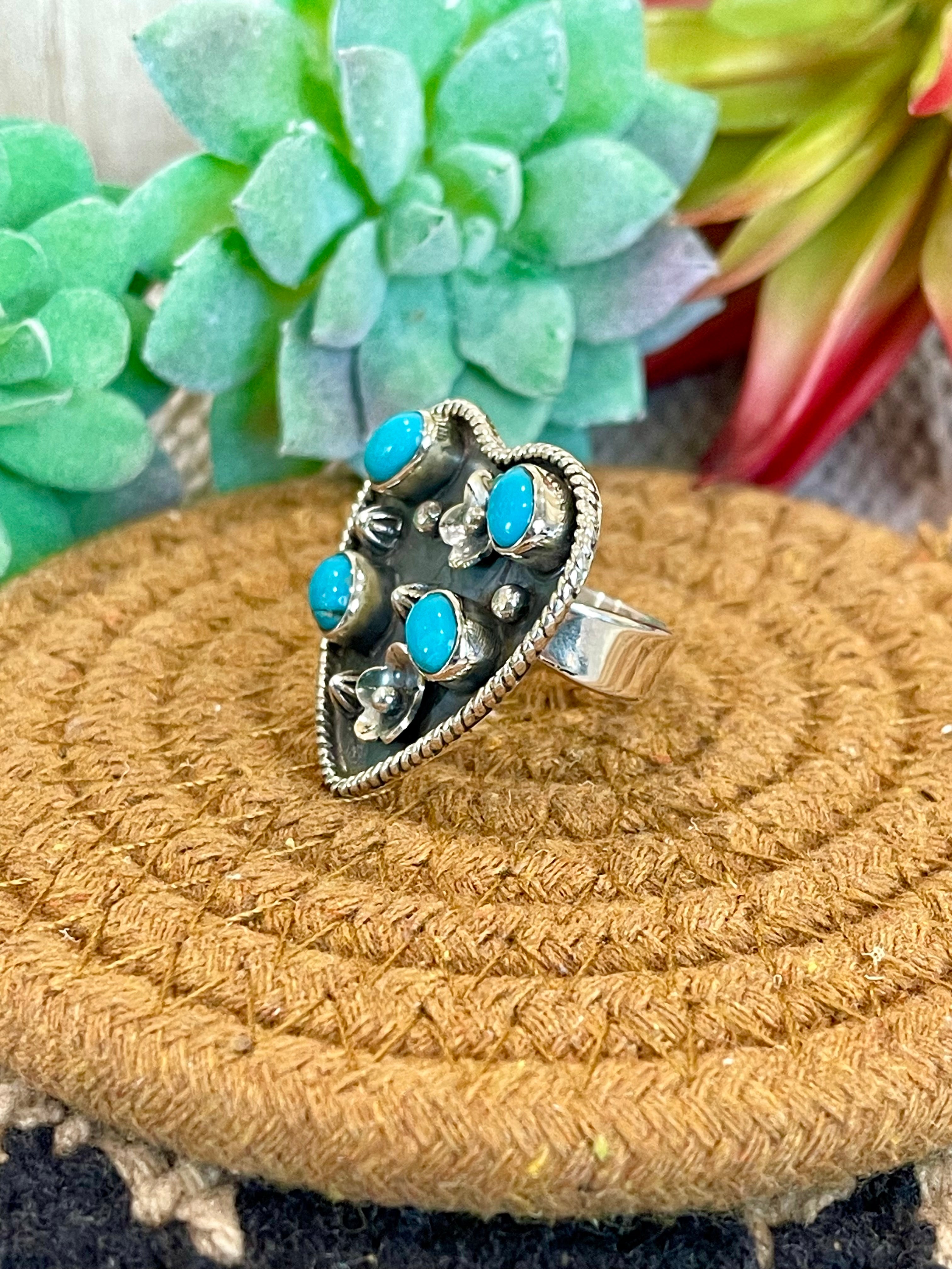 Southwest Handmade Kingman Turquoise & Sterling Silver Adjustable Heart Ring