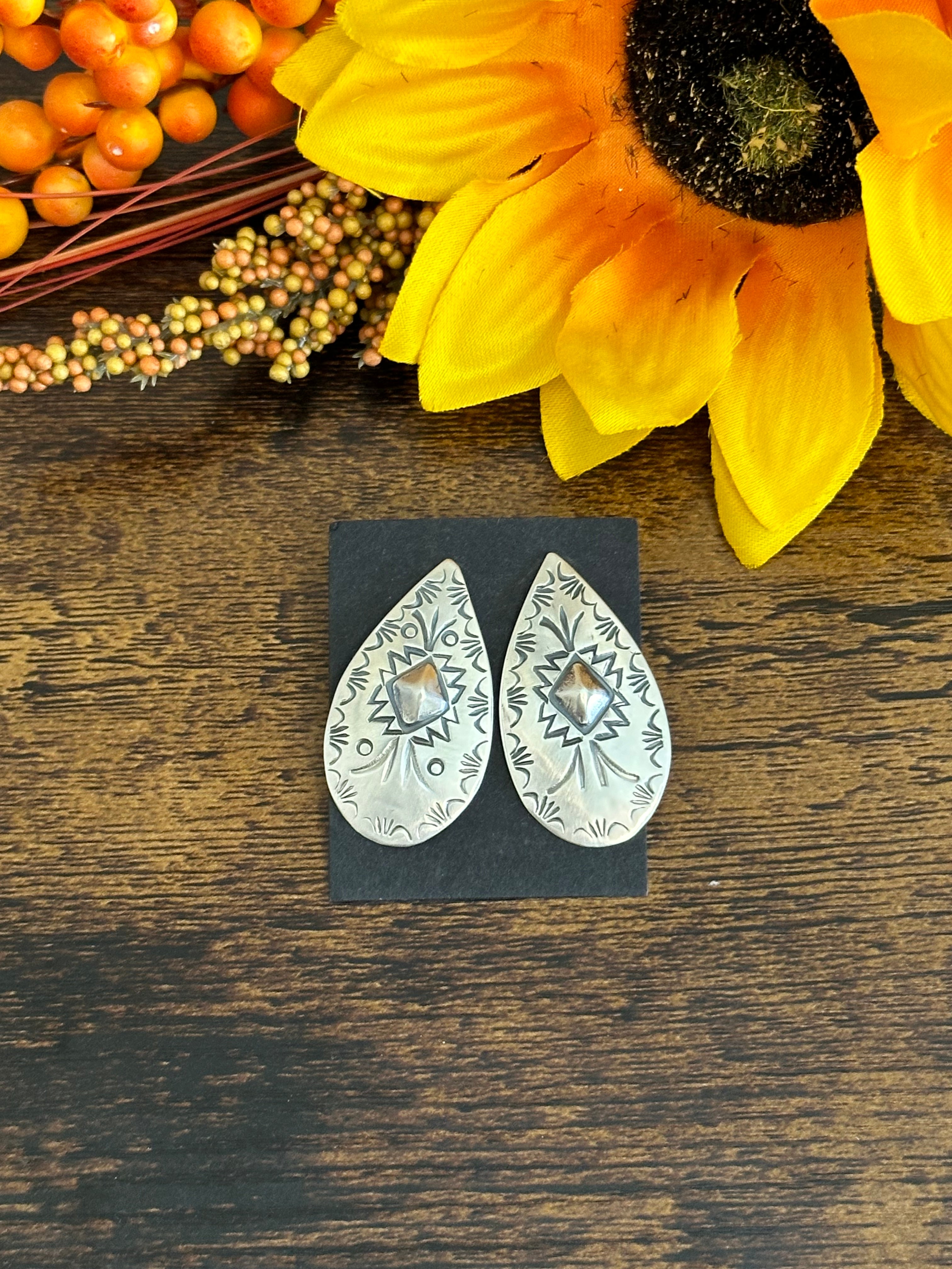 Navajo Made Sterling Silver Post Concho Earrings