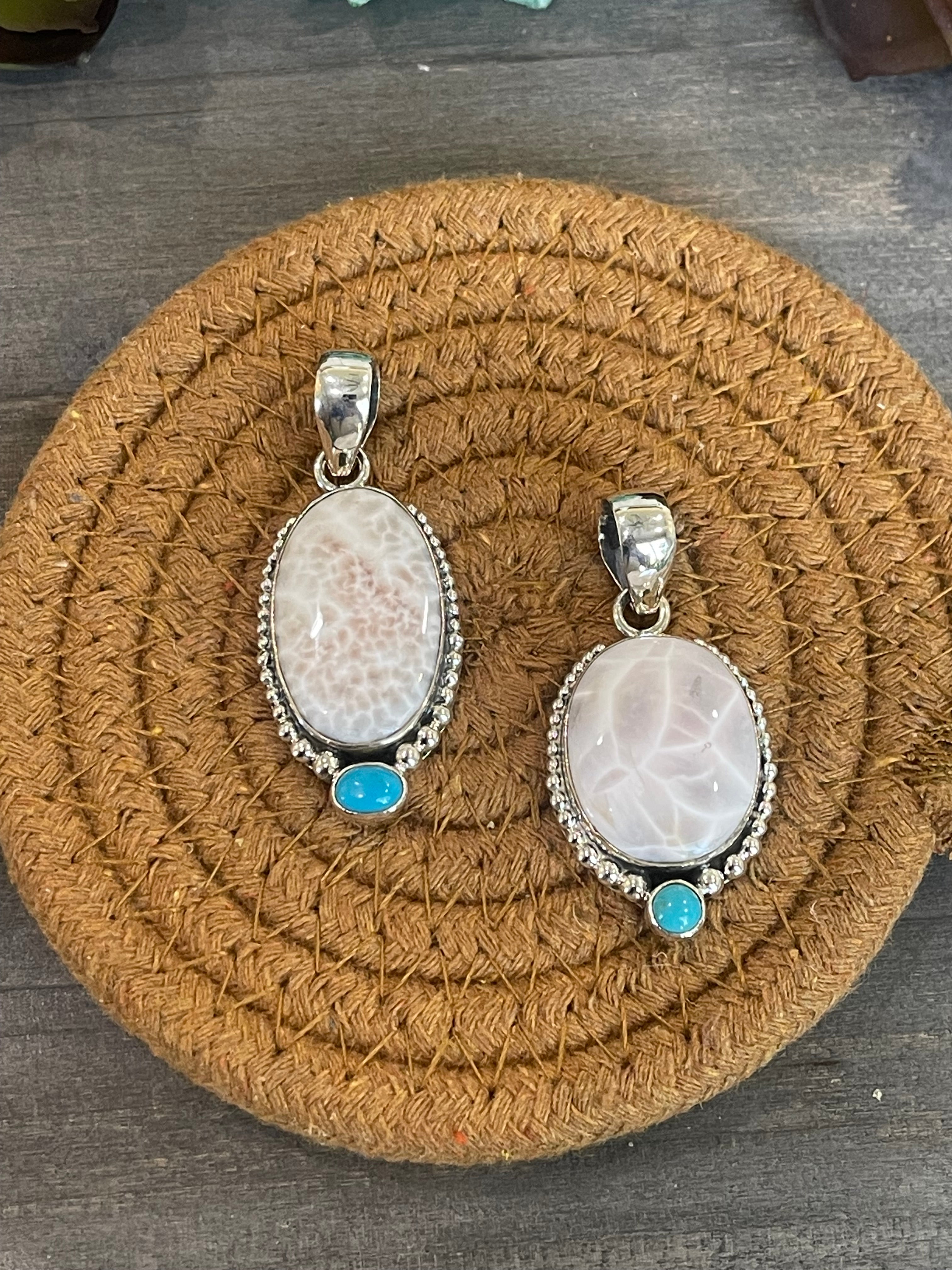 Southwest Handmade Pink Larimar And Kingman Turquoise & Sterling Silver Pendant