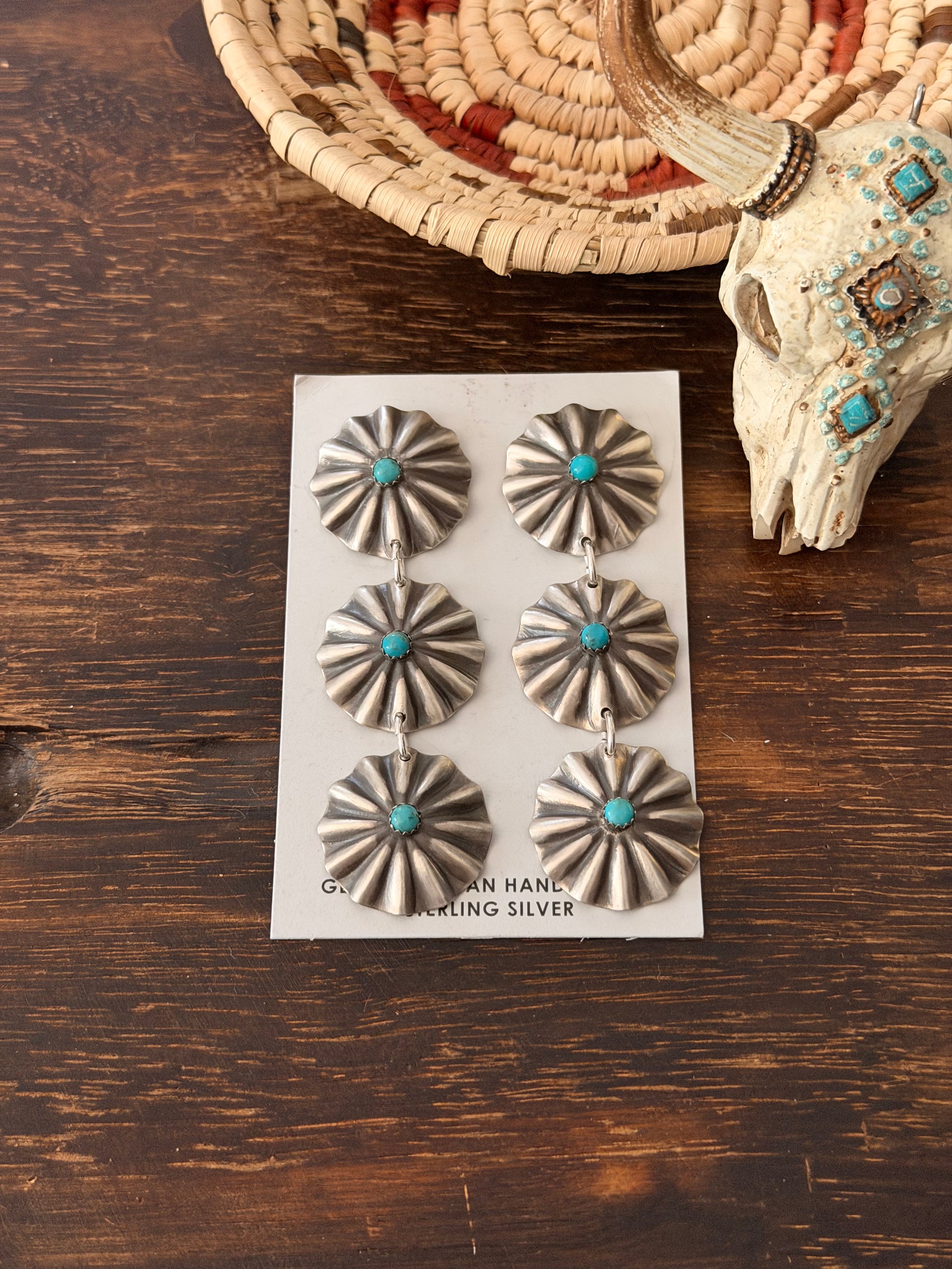 Navajo Made Kingman Turquoise & Sterling Silver Concho Post Dangle Earrings