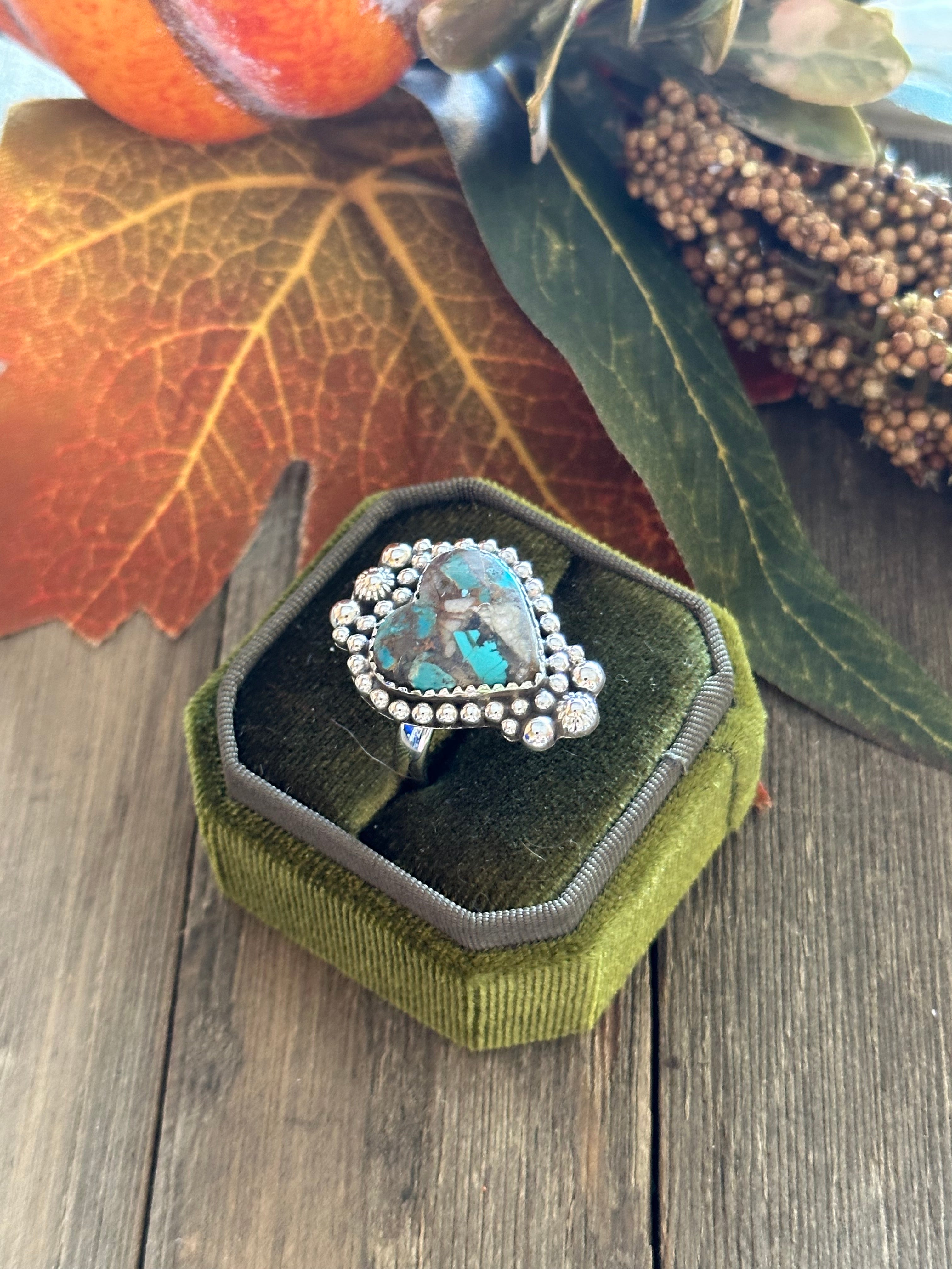 Southwest Handmade Mohave Turquoise & Sterling Silver Heart Ring Size 8.75