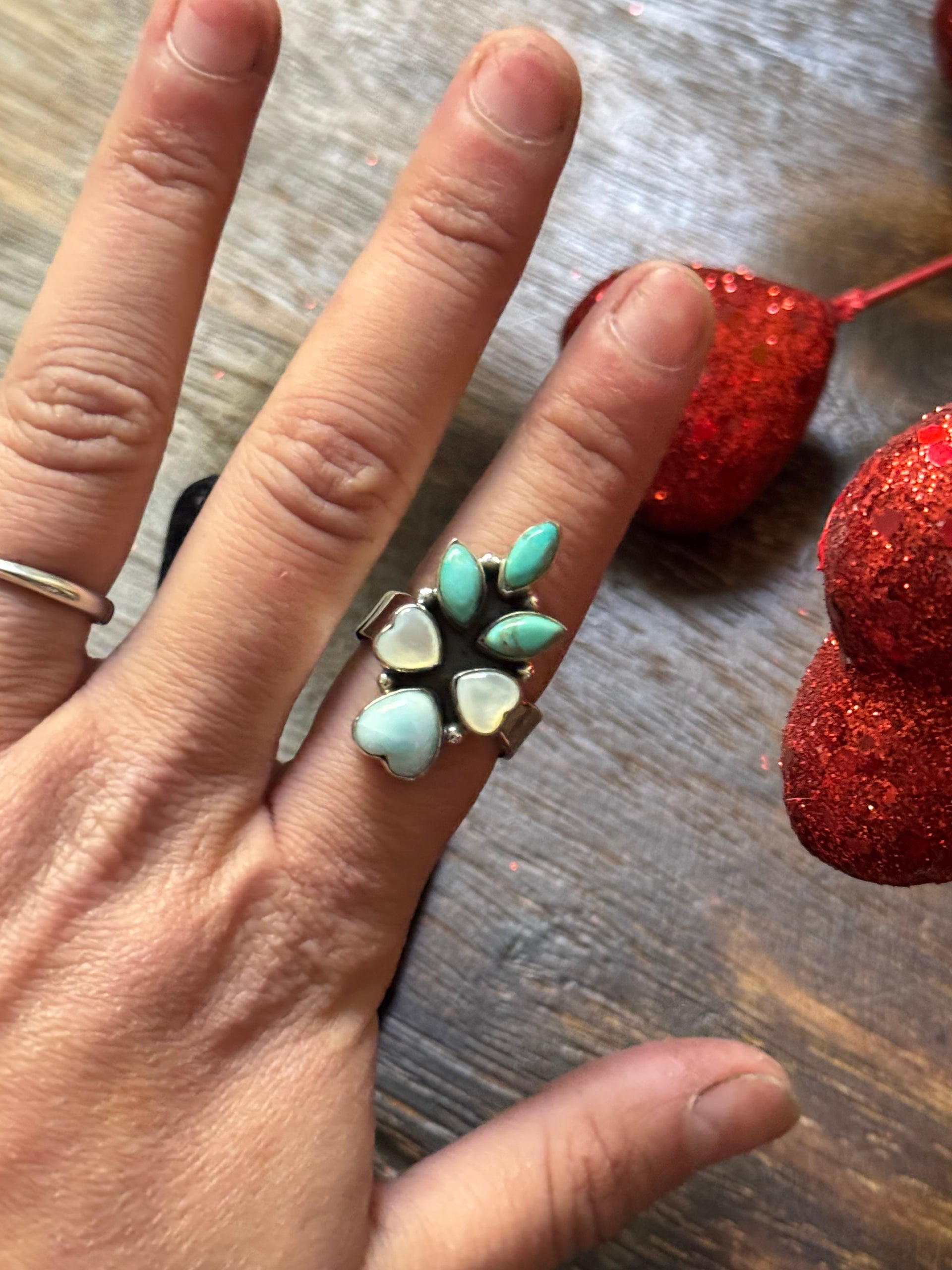 Southwest Handmade Multi Stone & Sterling Silver Adjustable Cluster Ring